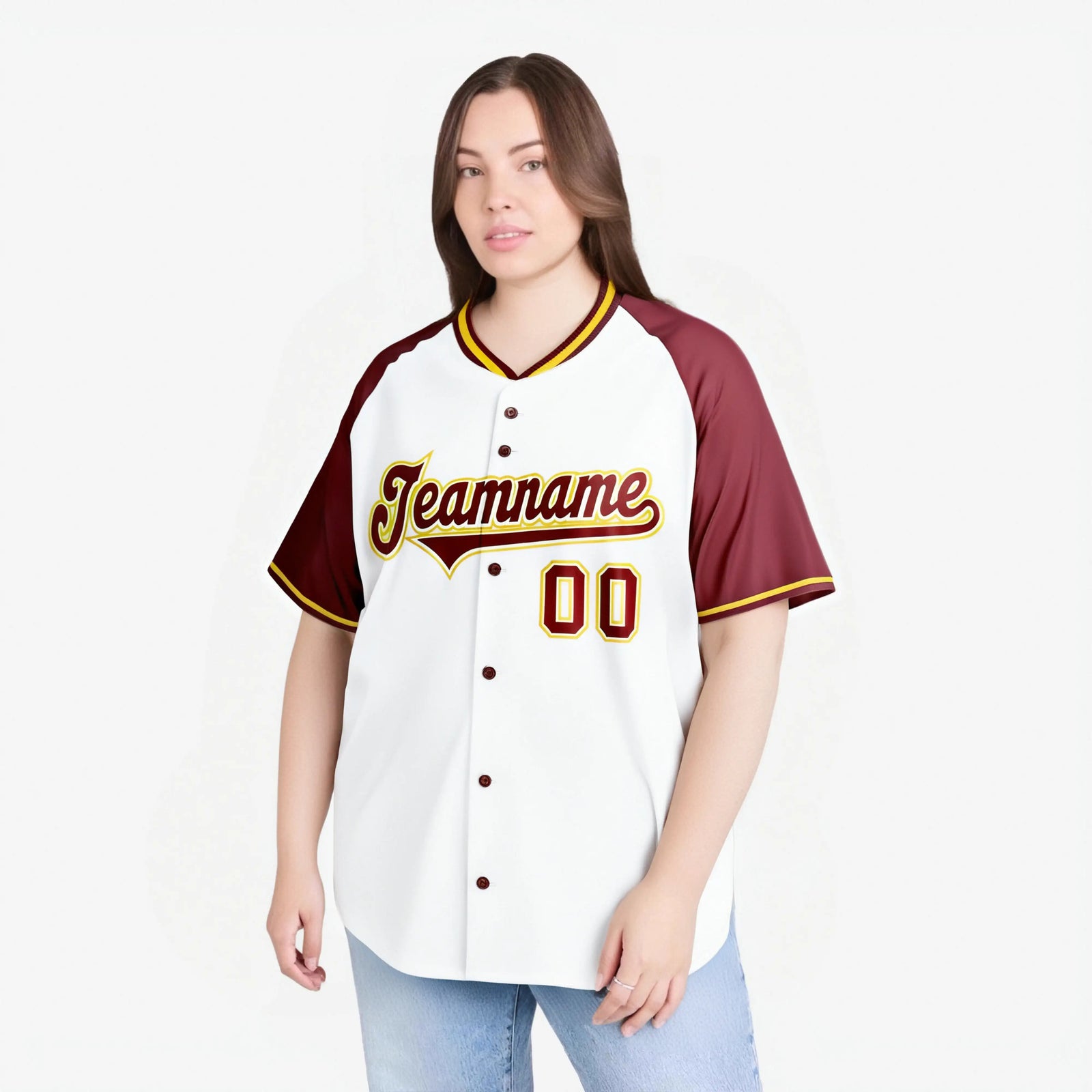 Custom White Burgundy Gold Authentic Colored Buttons Baseball Jersey