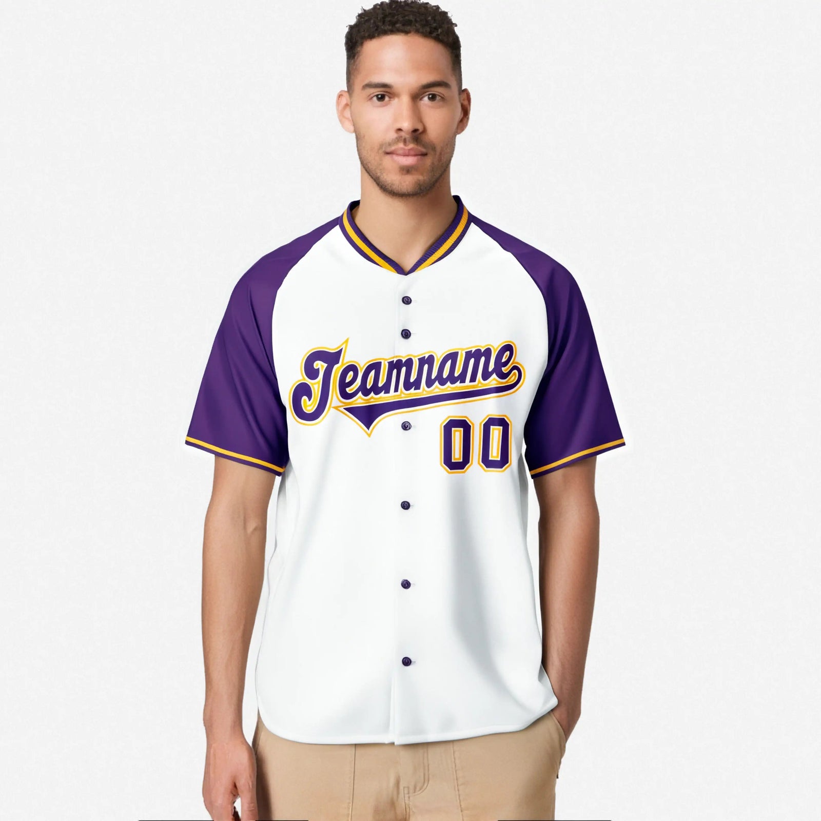 Custom White Purple Yellow Authentic Colored Buttons Baseball Jersey