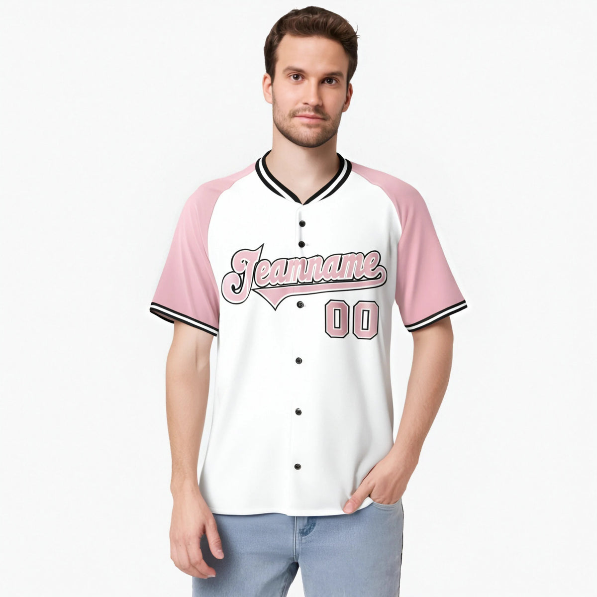 Custom White Pink Black Authentic Colored Buttons Baseball Jersey