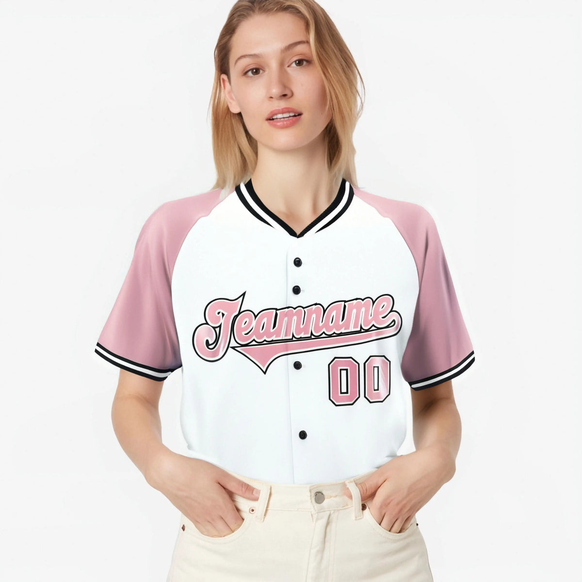 Custom White Pink Black Authentic Colored Buttons Baseball Jersey