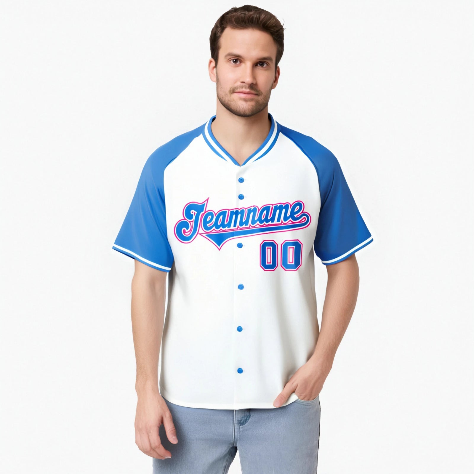 Custom White Blue Pink Authentic Colored Buttons Baseball Jersey