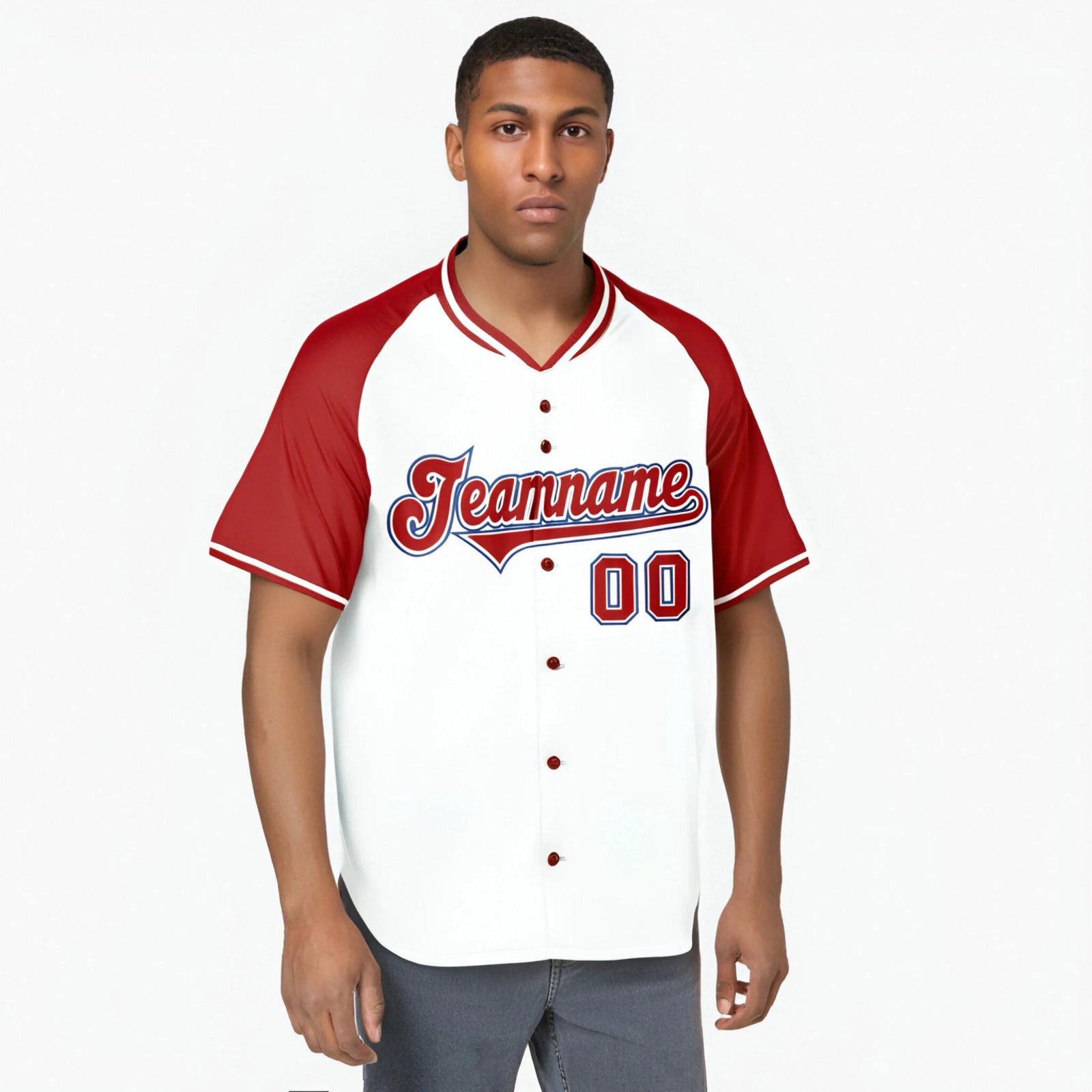 Custom White Red Blue Authentic Colored Buttons Baseball Jersey