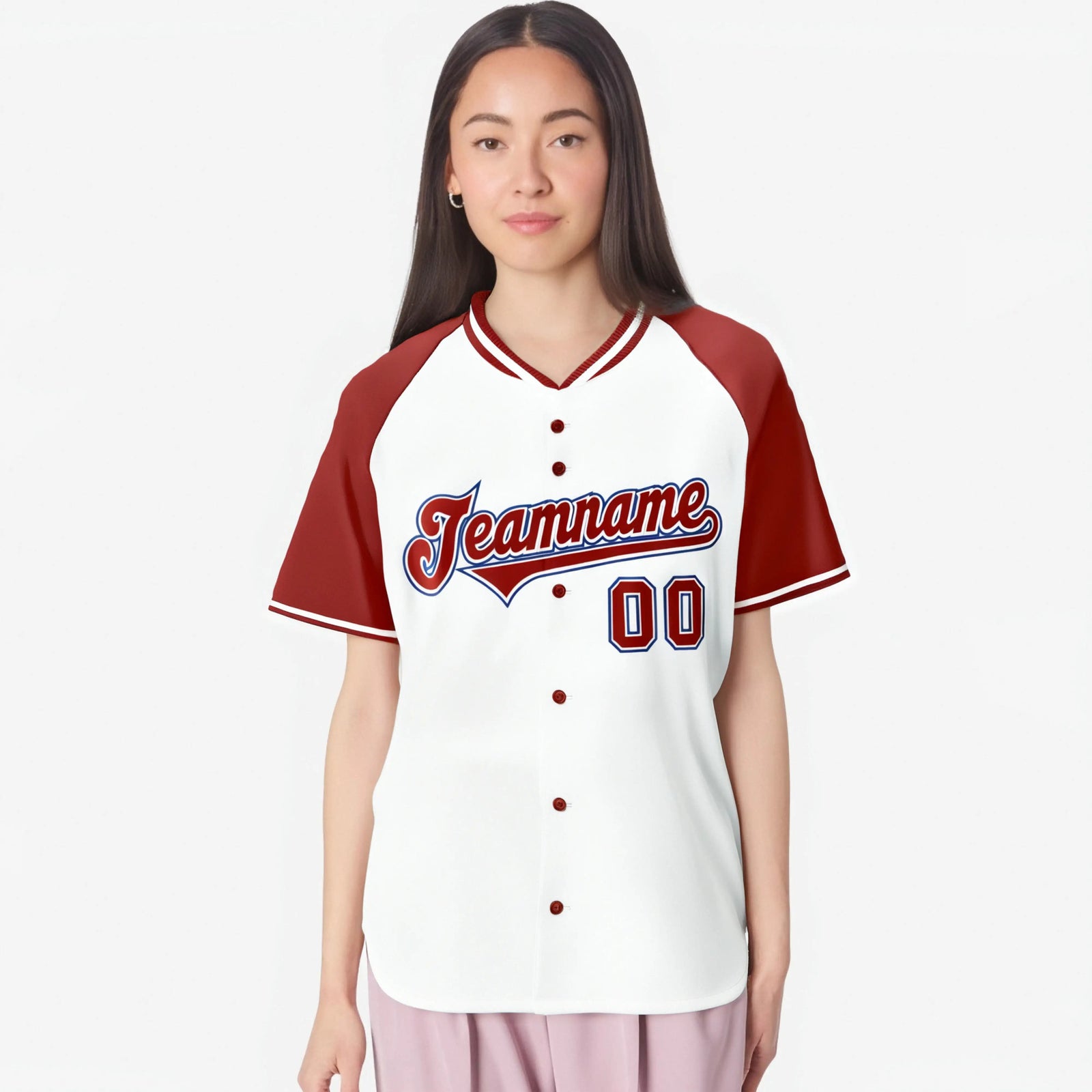 Custom White Red Blue Authentic Colored Buttons Baseball Jersey