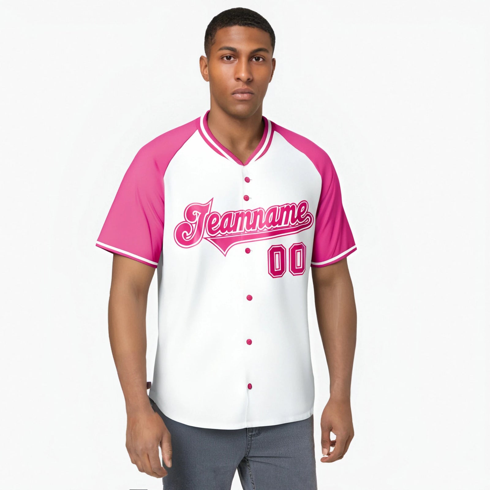 Custom White Pink White Authentic Colored Buttons Baseball Jersey