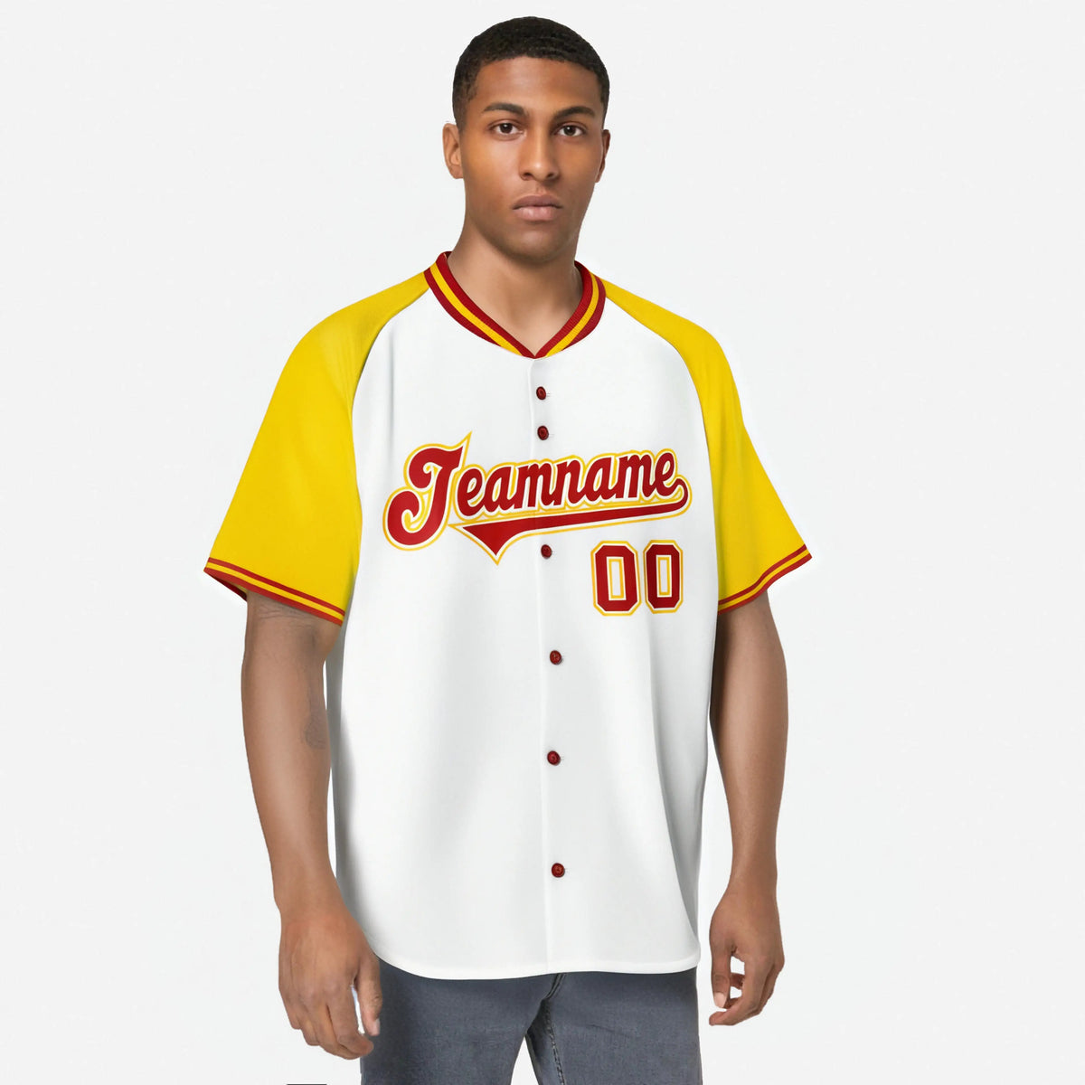 Custom White Yellow Red Authentic Colored Buttons Baseball Jersey