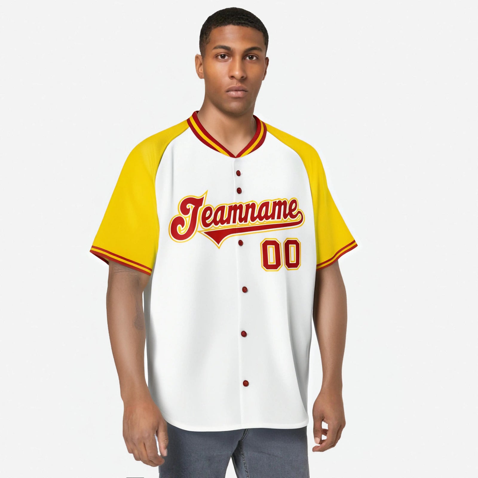 Custom White Yellow Red Authentic Colored Buttons Baseball Jersey