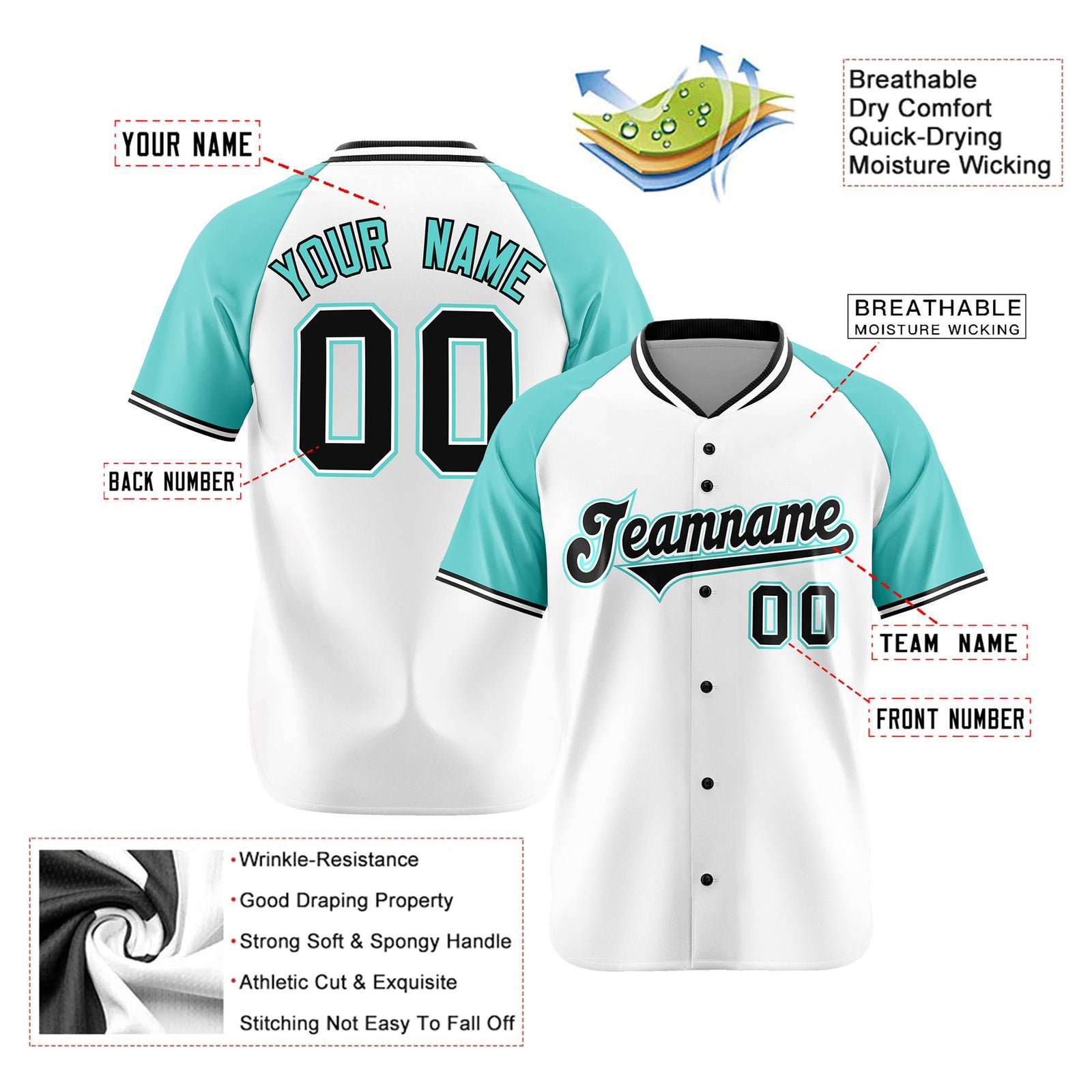 Custom White Black Light Blue Authentic Colored Buttons Baseball Jersey
