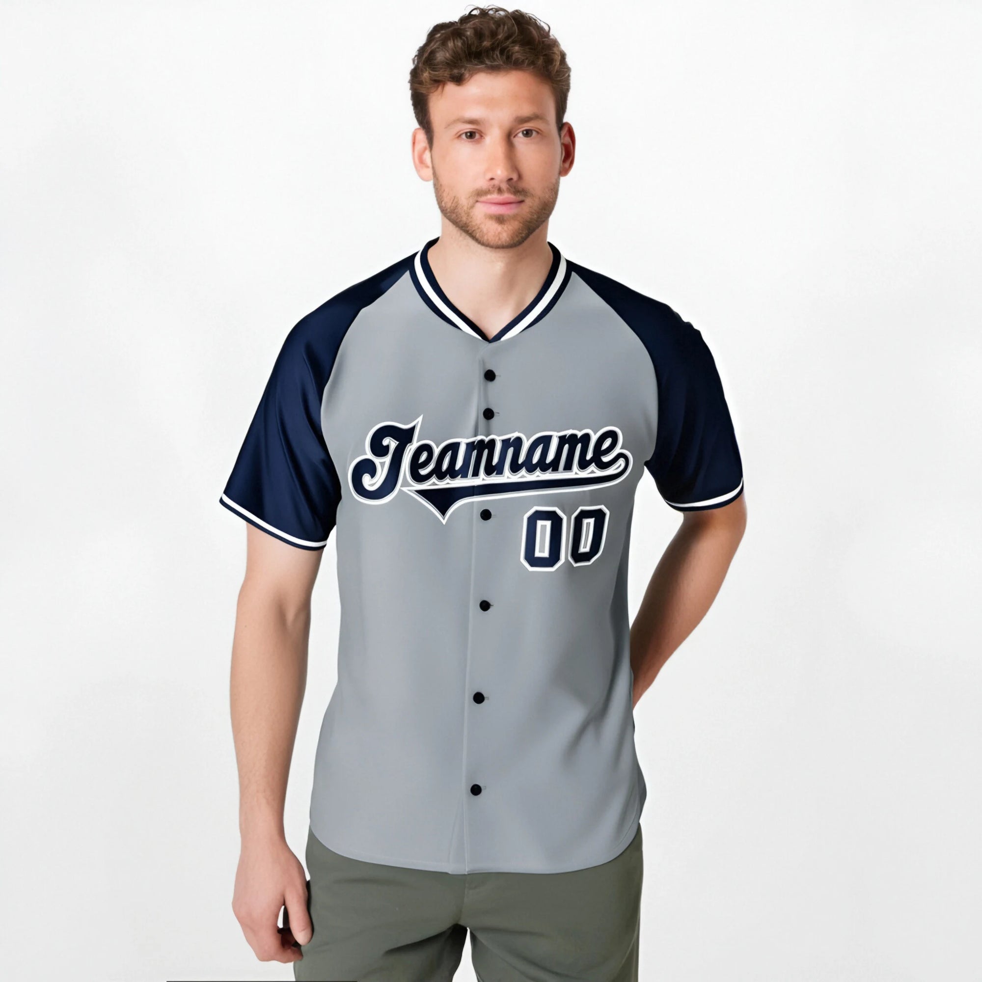 Custom Gray Navy White Authentic Colored Buttons Baseball Jersey