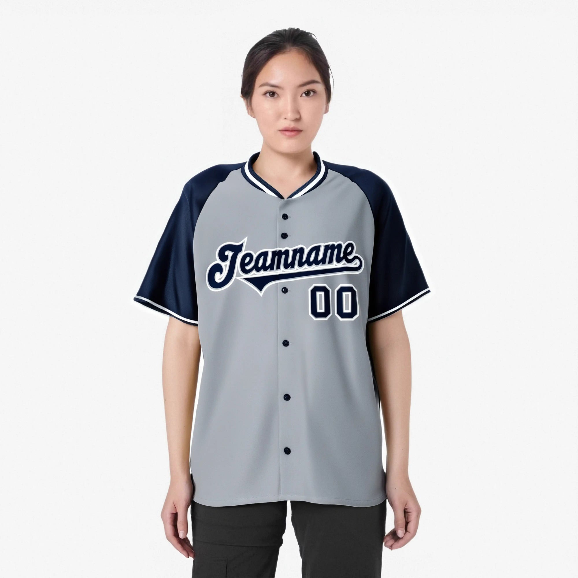 Custom Gray Navy White Authentic Colored Buttons Baseball Jersey