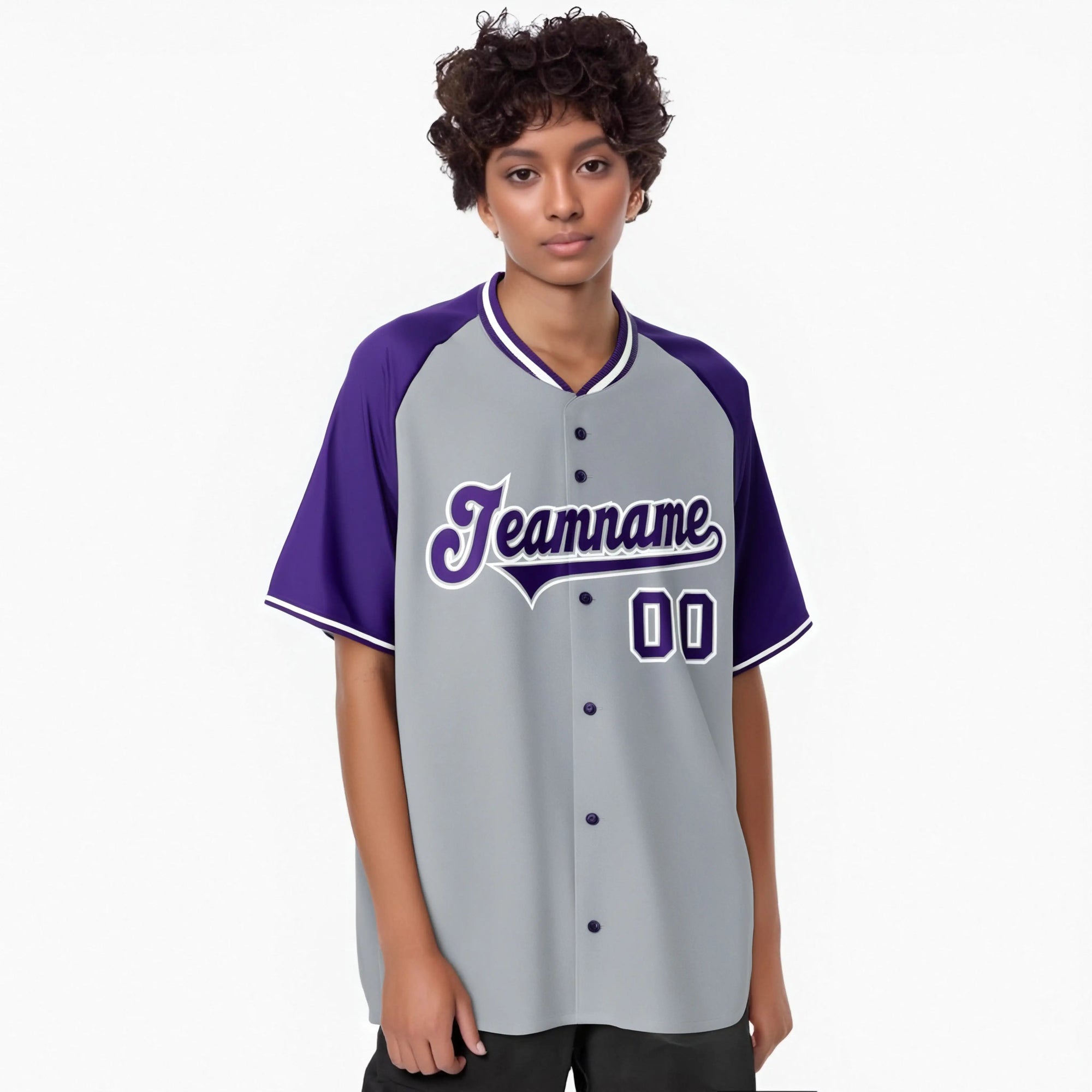 Custom Gray Purple White Authentic Colored Buttons Baseball Jersey