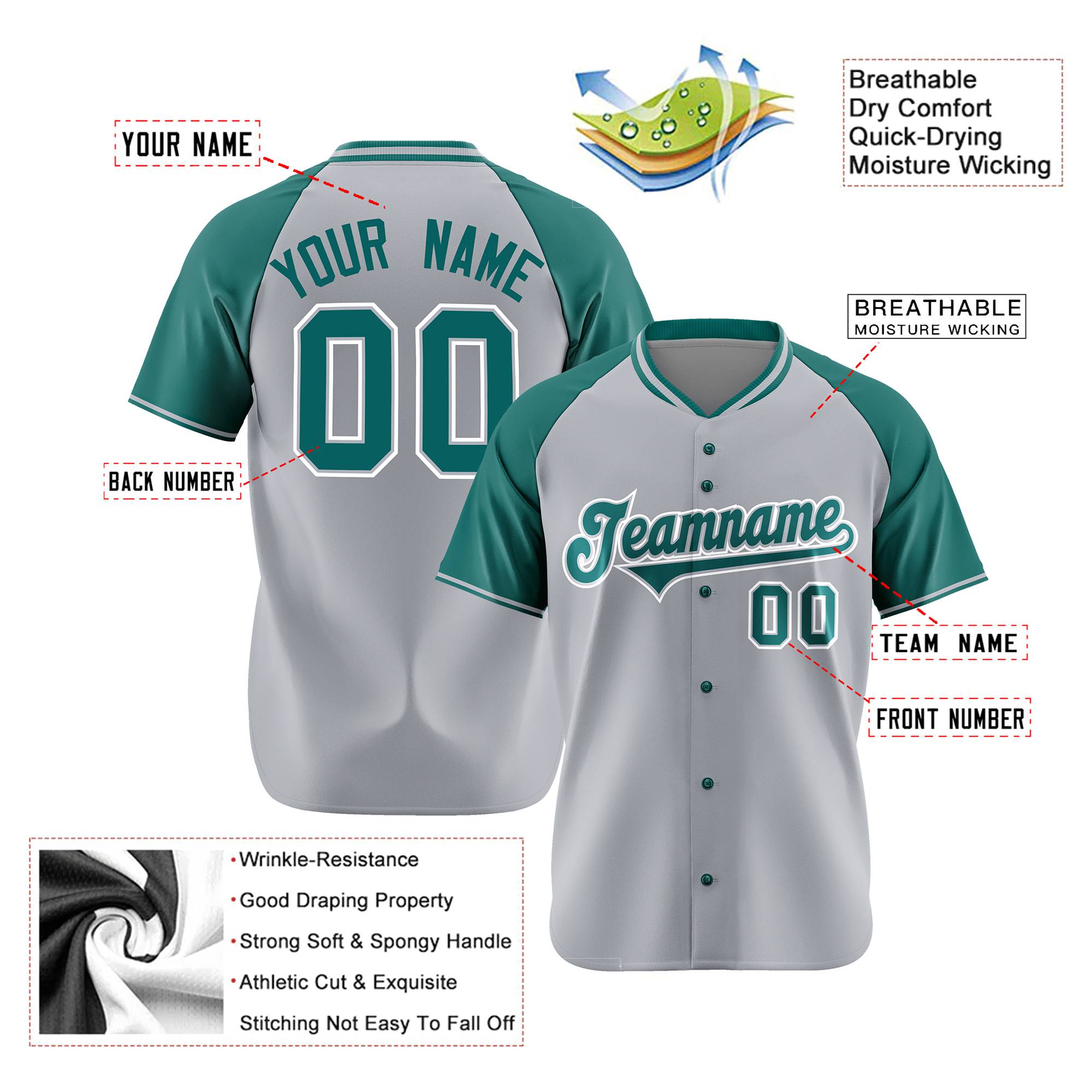 Custom Gray Midnight Green White Authentic Colored Buttons Baseball Jersey