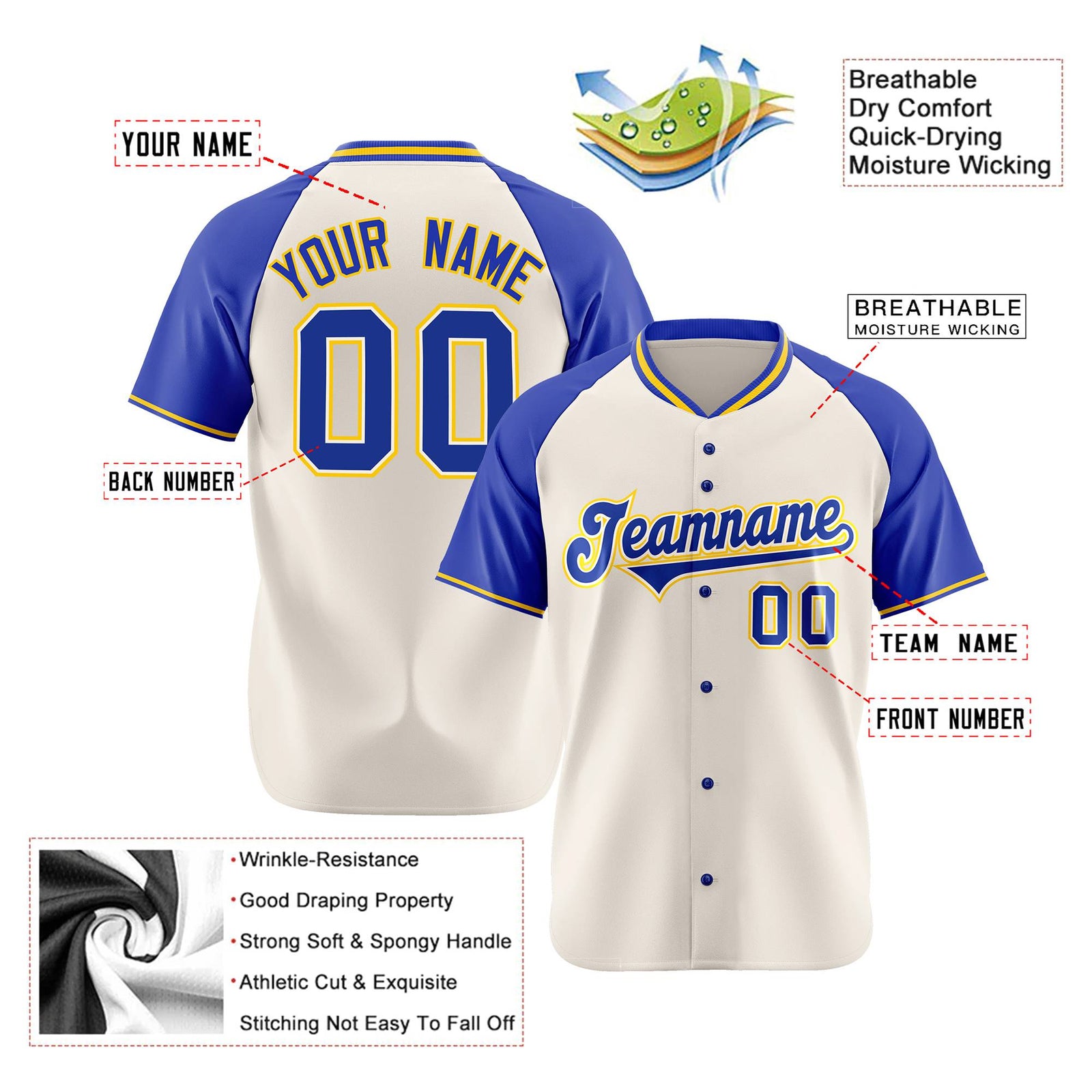 Custom Cream Blue Gold Authentic Colored Buttons Baseball Jersey