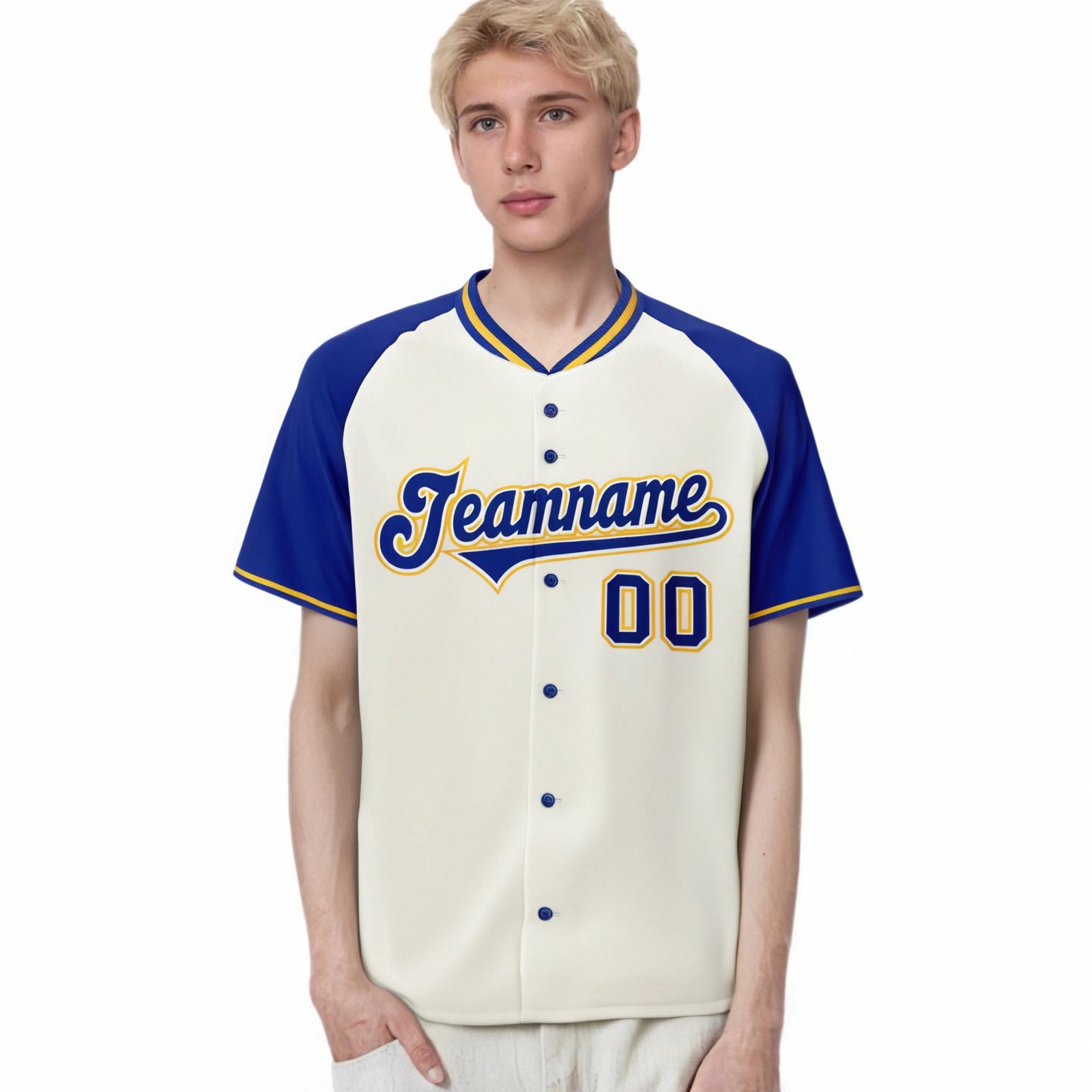 Custom Cream Blue Gold Authentic Colored Buttons Baseball Jersey