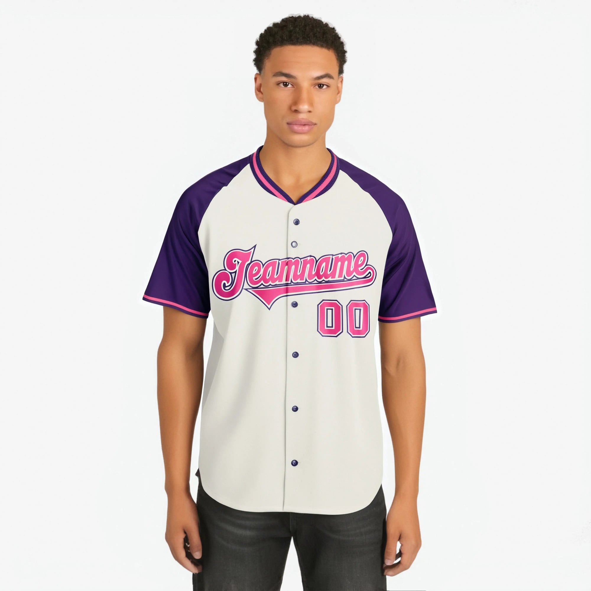 Custom Cream Purple Pink Authentic Colored Buttons Baseball Jersey