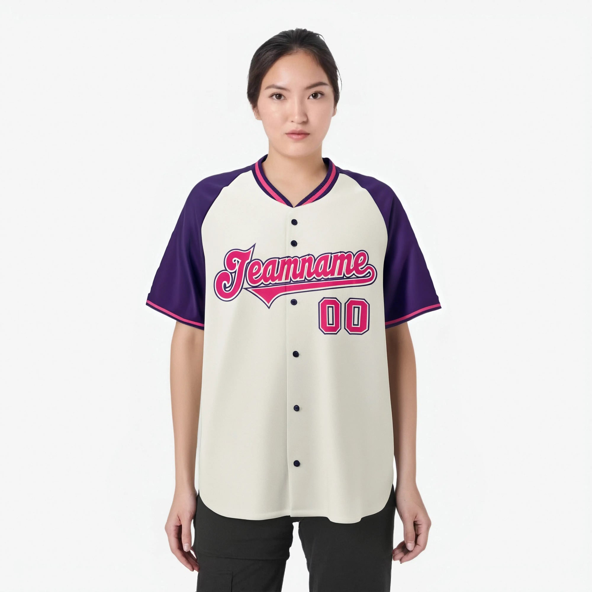 Custom Cream Purple Pink Authentic Colored Buttons Baseball Jersey