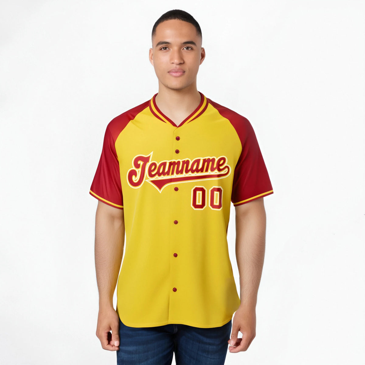 Custom Yellow Red White Authentic Colored Buttons Baseball Jersey