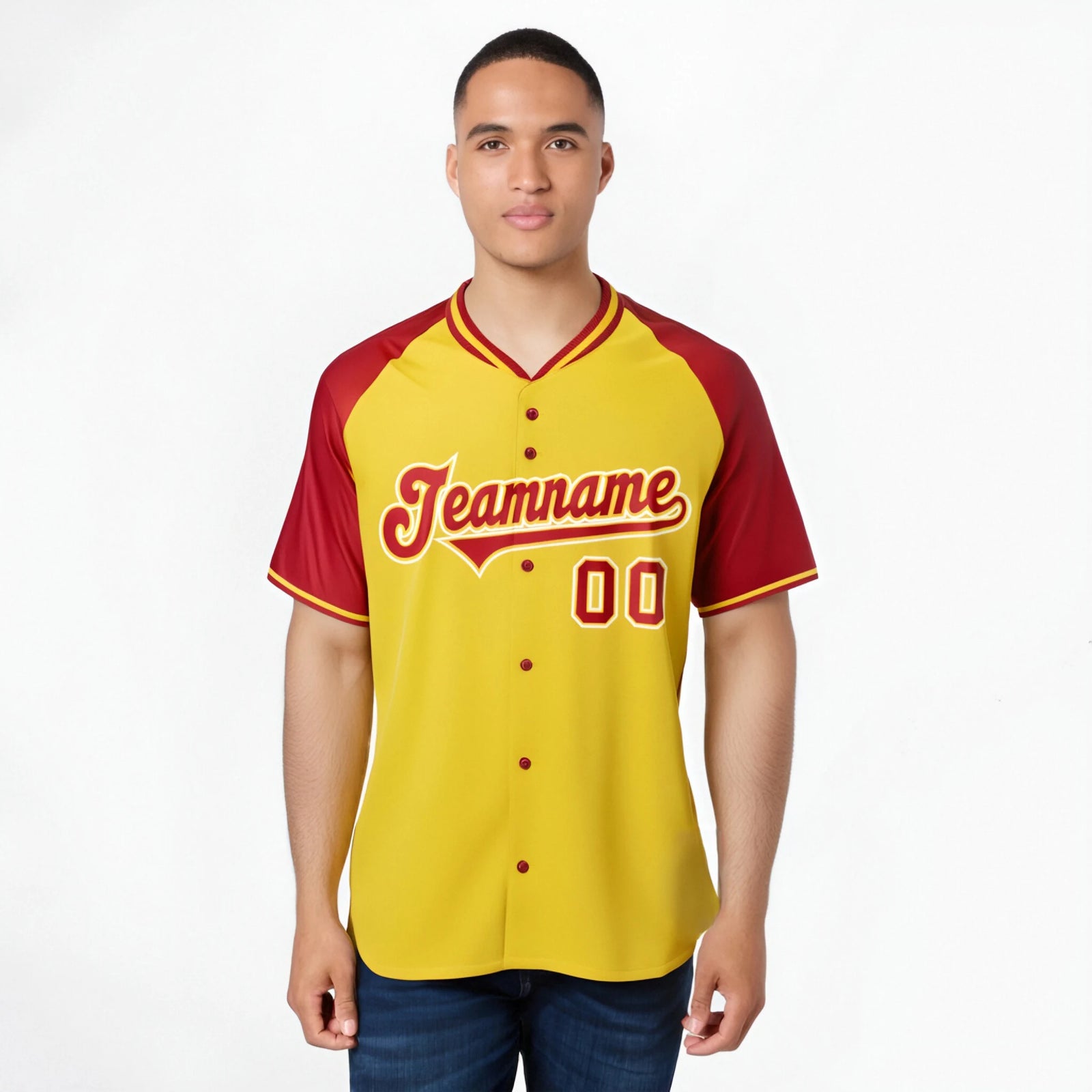 Custom Yellow Red White Authentic Colored Buttons Baseball Jersey