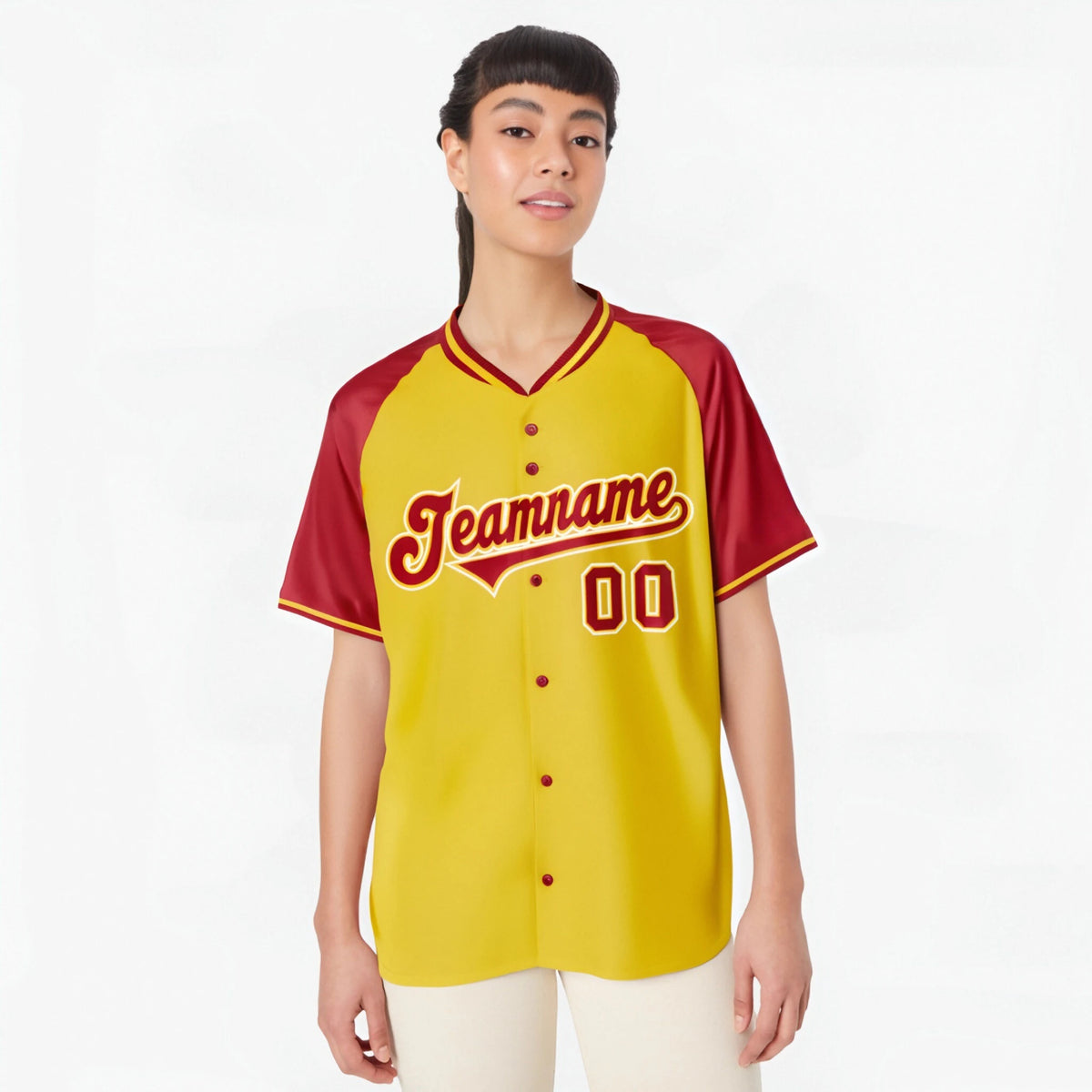Custom Yellow Red White Authentic Colored Buttons Baseball Jersey