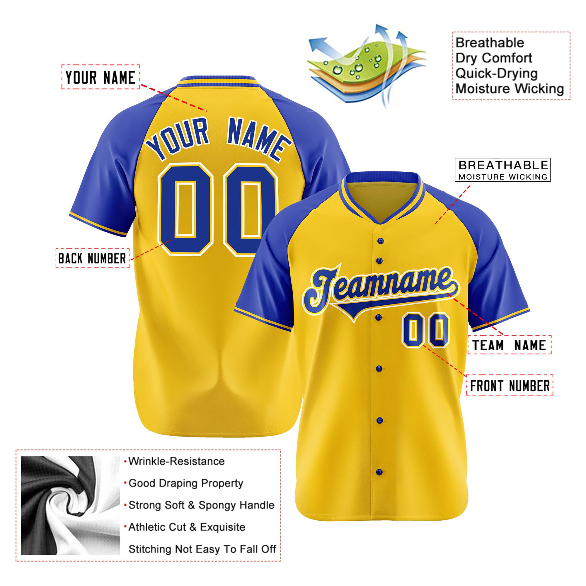 Custom Yellow Blue White Authentic Colored Buttons Baseball Jersey