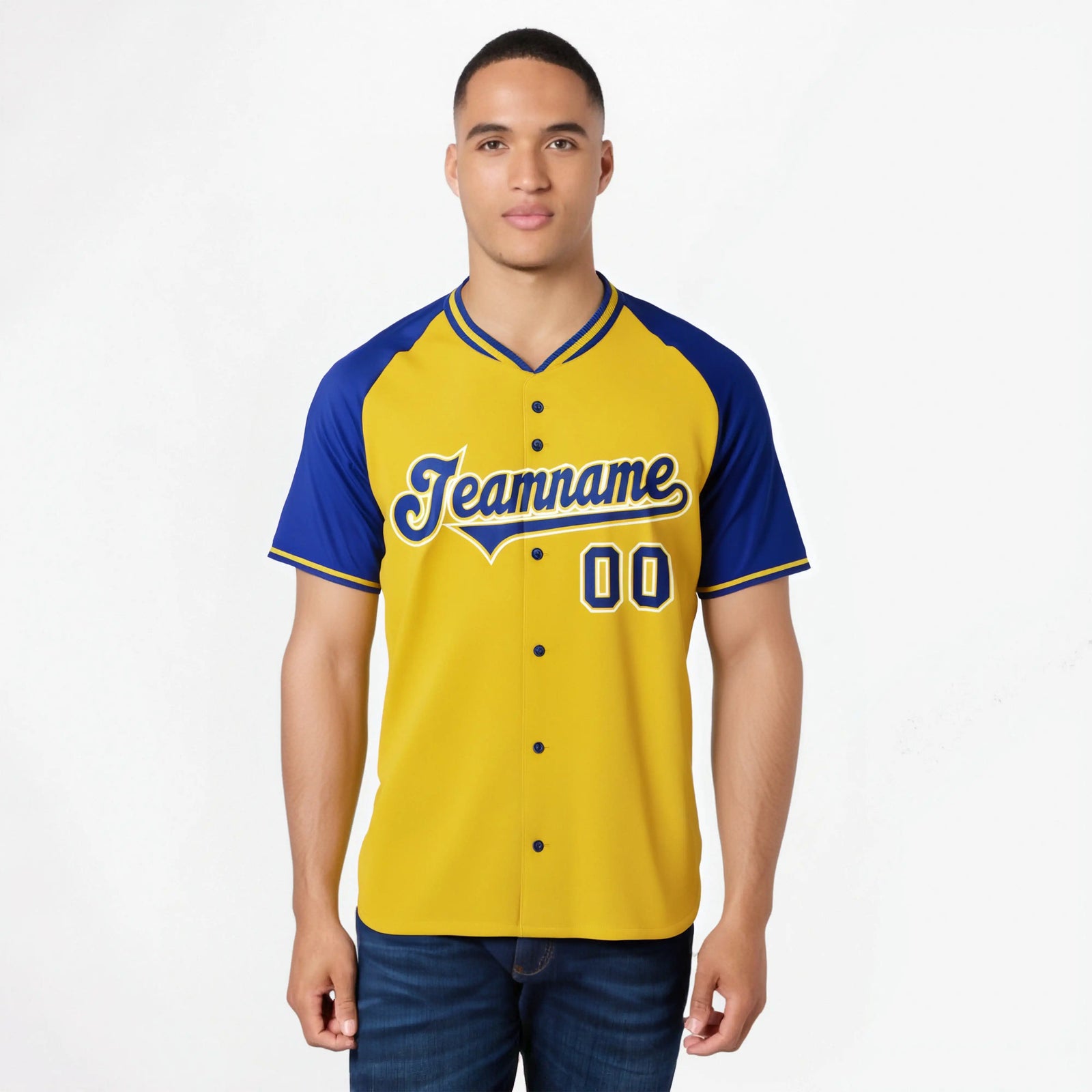 Custom Yellow Blue White Authentic Colored Buttons Baseball Jersey