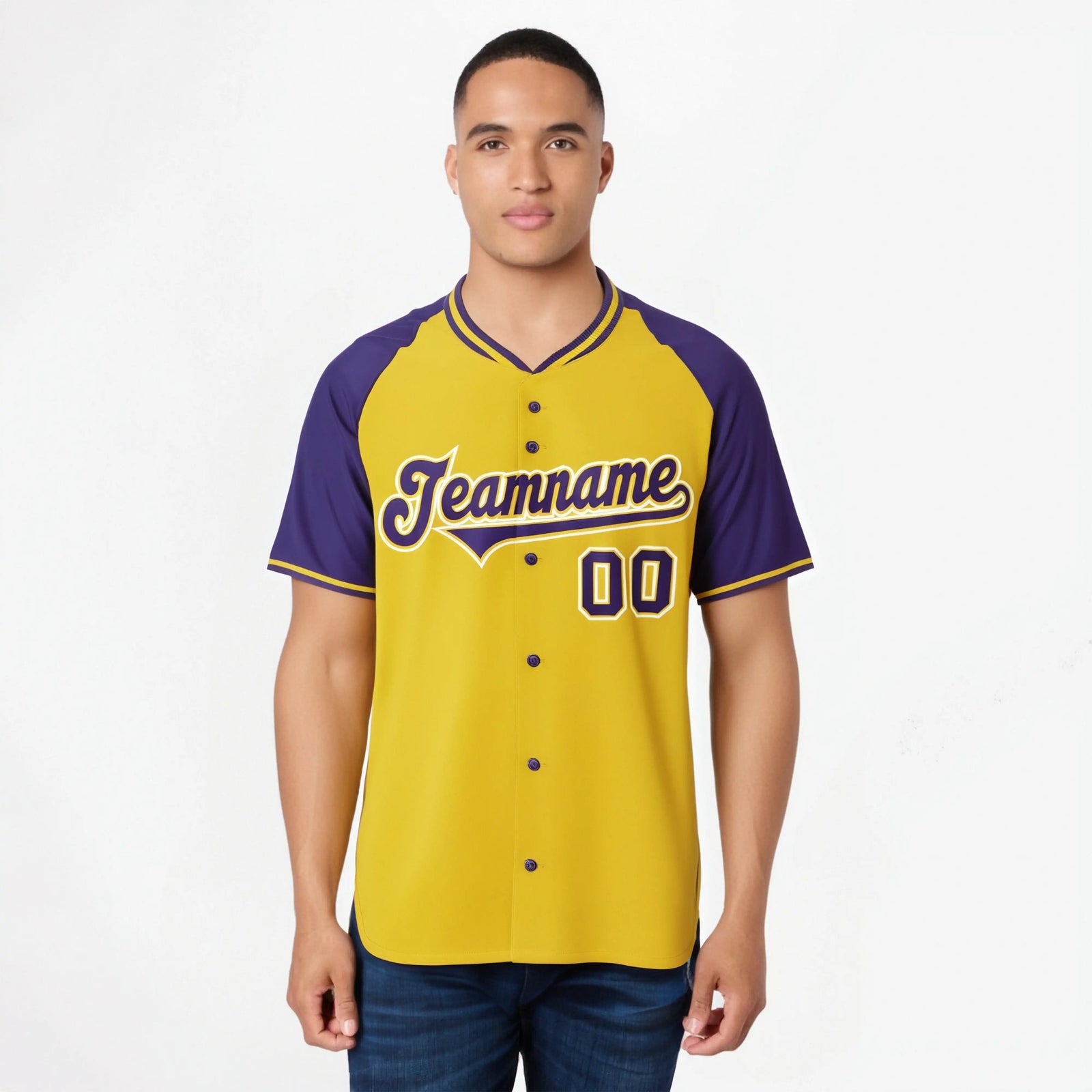 Custom Yellow Purple White Authentic Colored Buttons Baseball Jersey