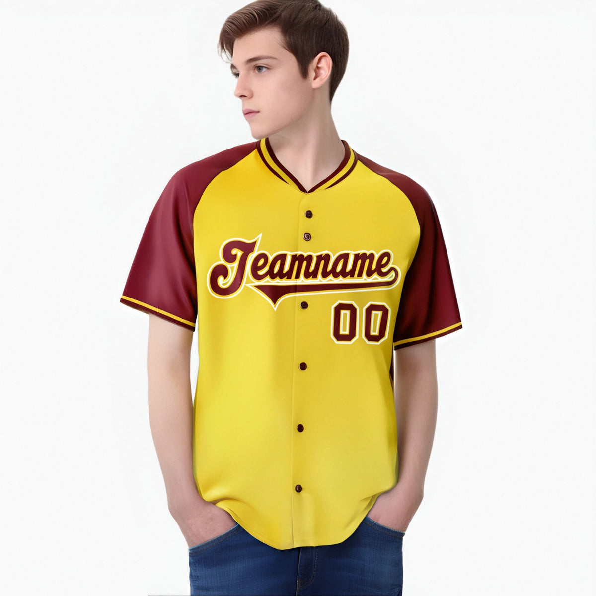 Custom Yellow Burgundy White Authentic Colored Buttons Baseball Jersey