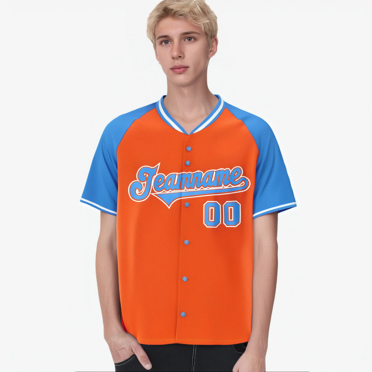 Custom Orange Blue White Authentic Colored Buttons Baseball Jersey
