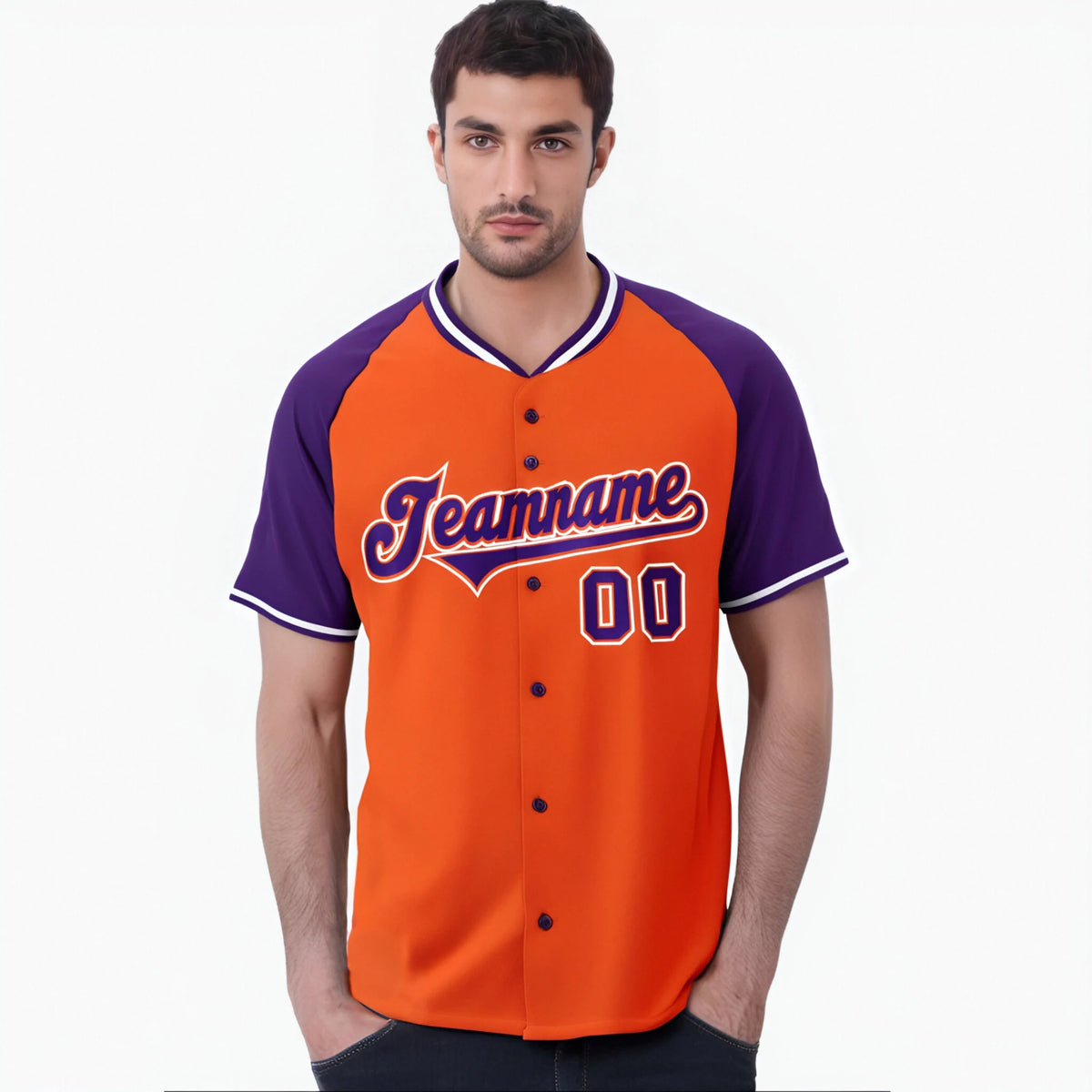 Custom Orange Purple White Authentic Colored Buttons Baseball Jersey