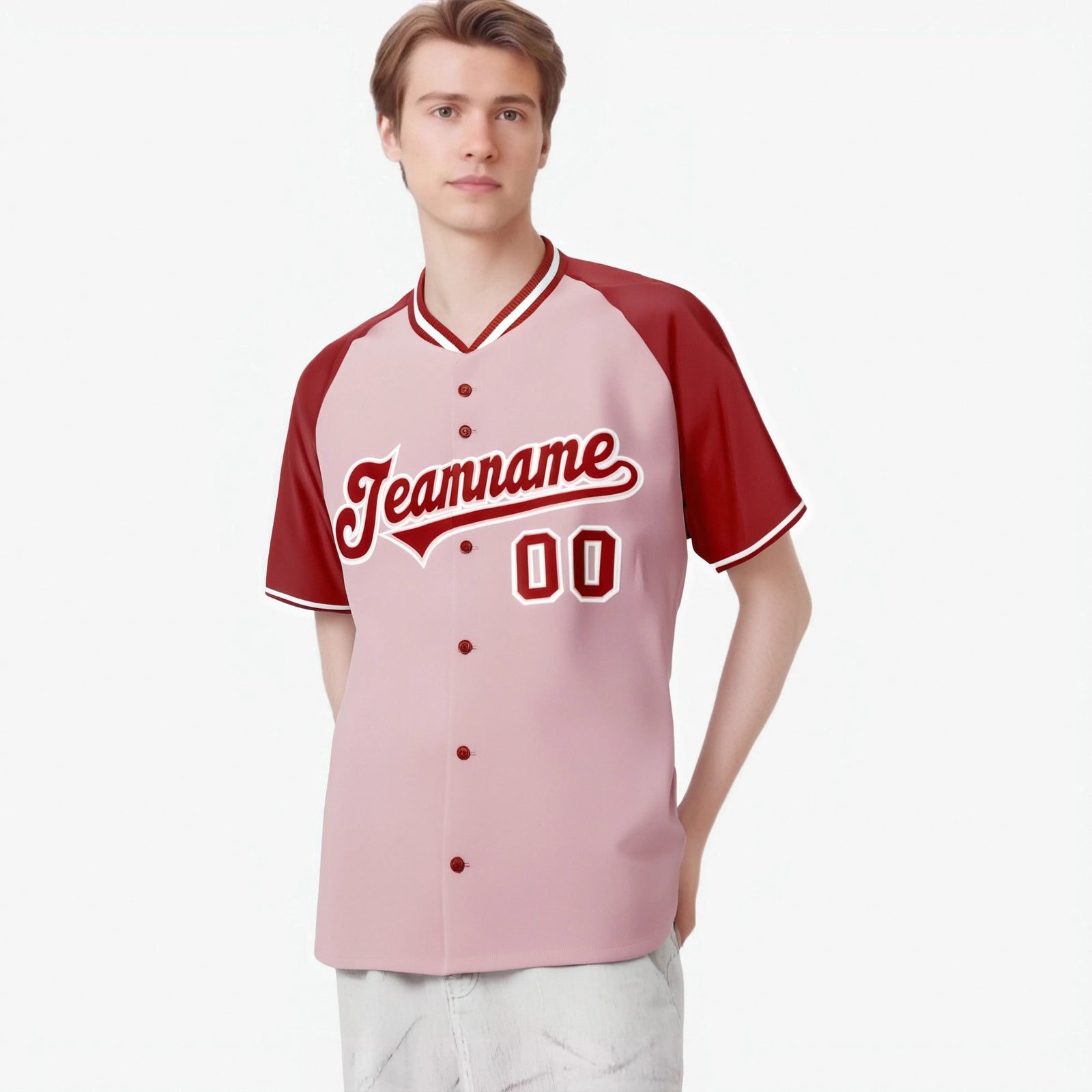 Custom Pink Red White Authentic Colored Buttons Baseball Jersey