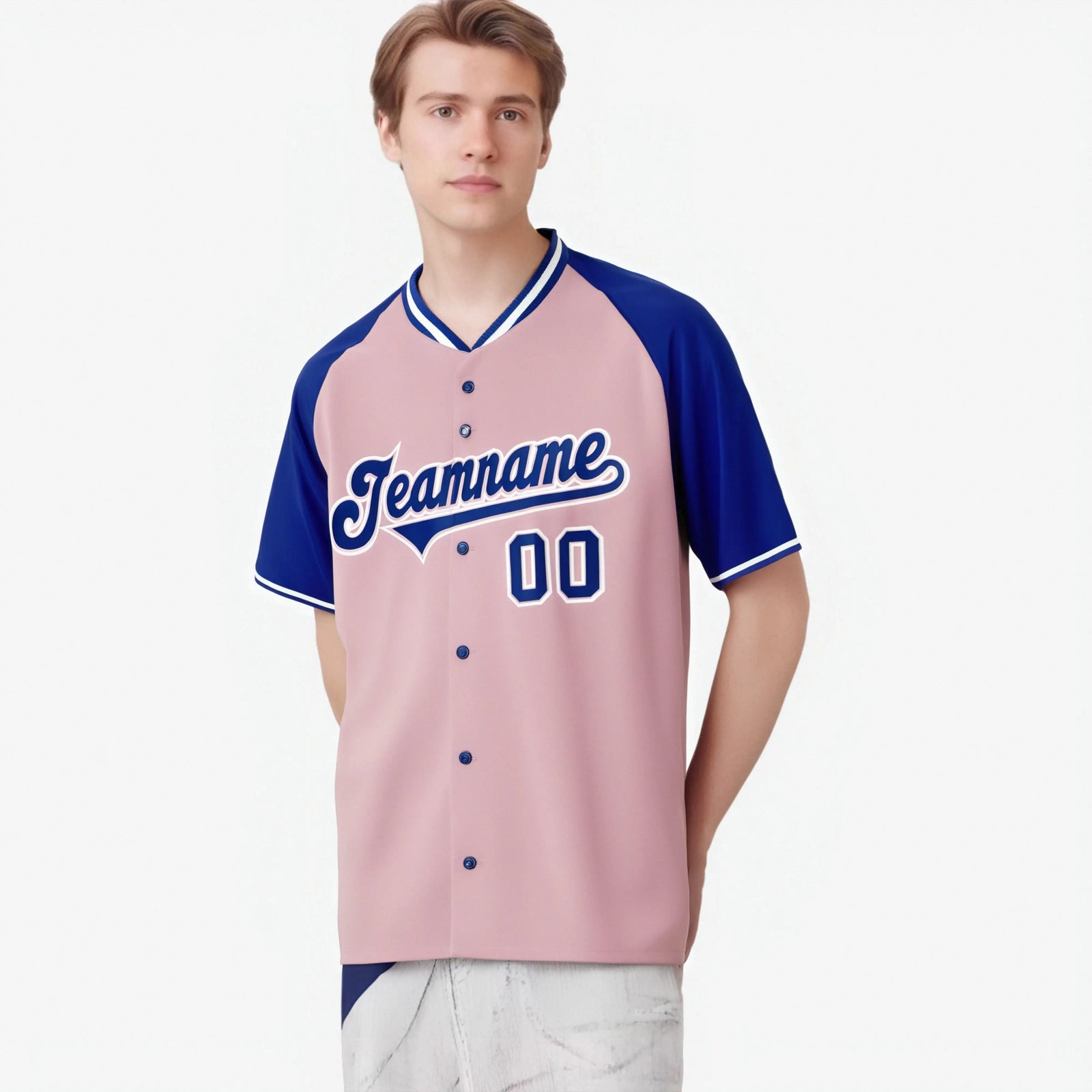 Custom Pink Blue White Authentic Colored Buttons Baseball Jersey