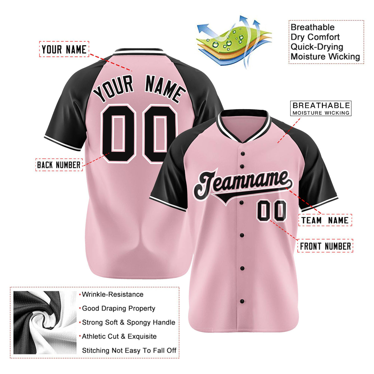 Custom Pink Black White Authentic Colored Buttons Baseball Jersey