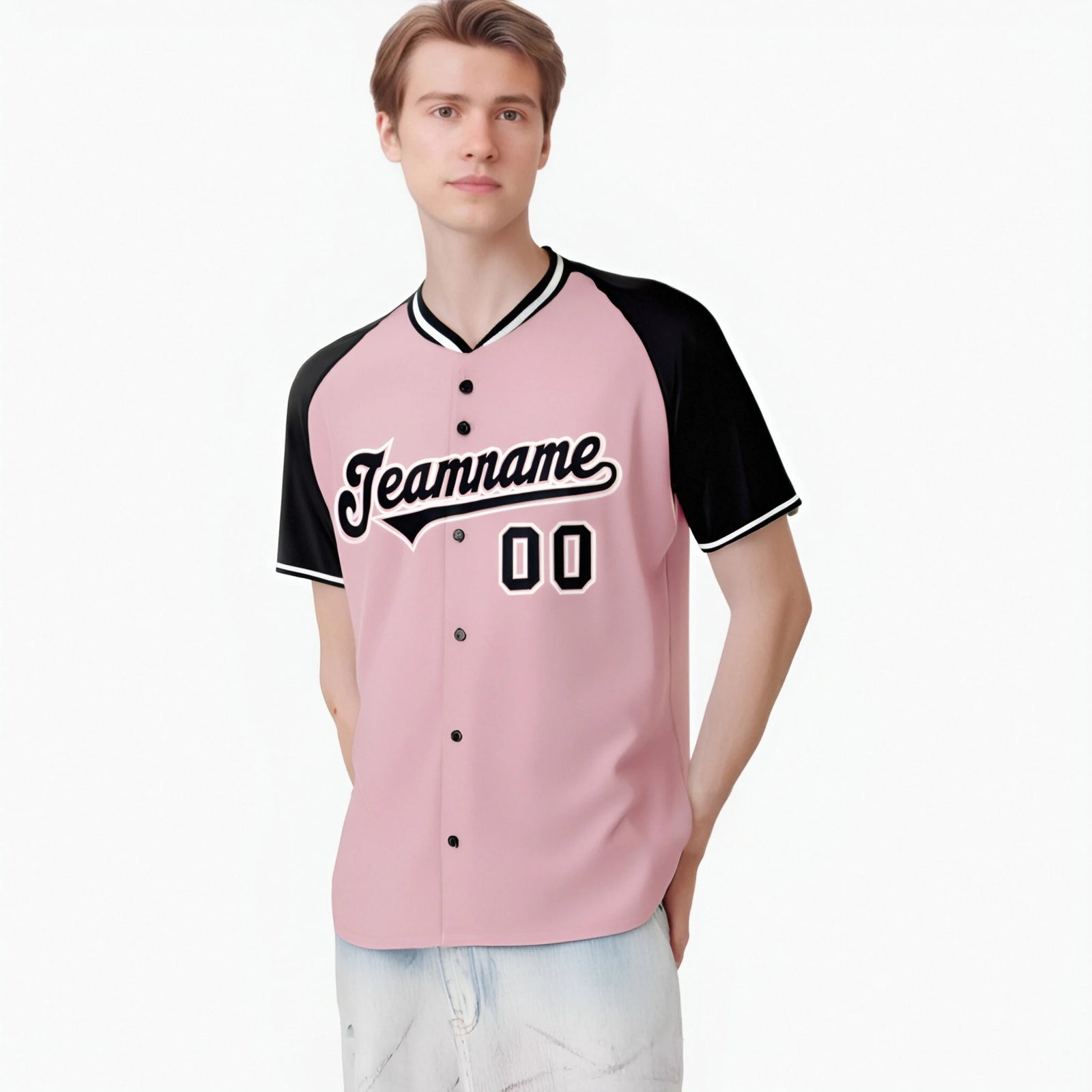 Custom Pink Black White Authentic Colored Buttons Baseball Jersey