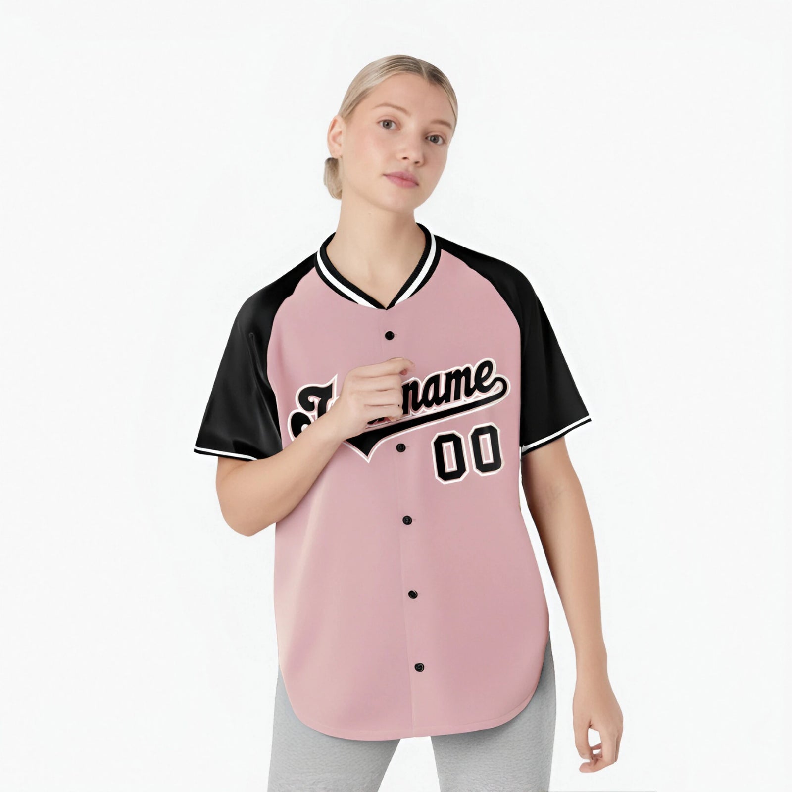 Custom Pink Black White Authentic Colored Buttons Baseball Jersey