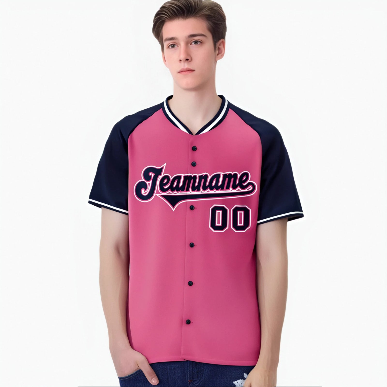 Custom Pink Navy White Authentic Colored Buttons Baseball Jersey
