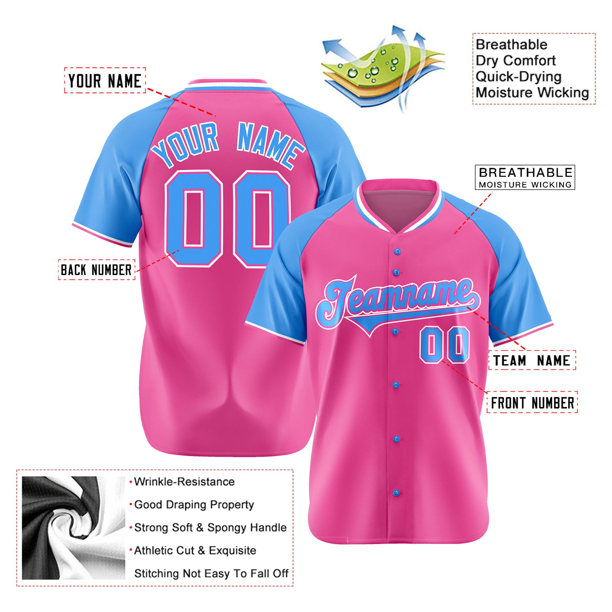 Custom Pink Blue White Authentic Colored Buttons Baseball Jersey