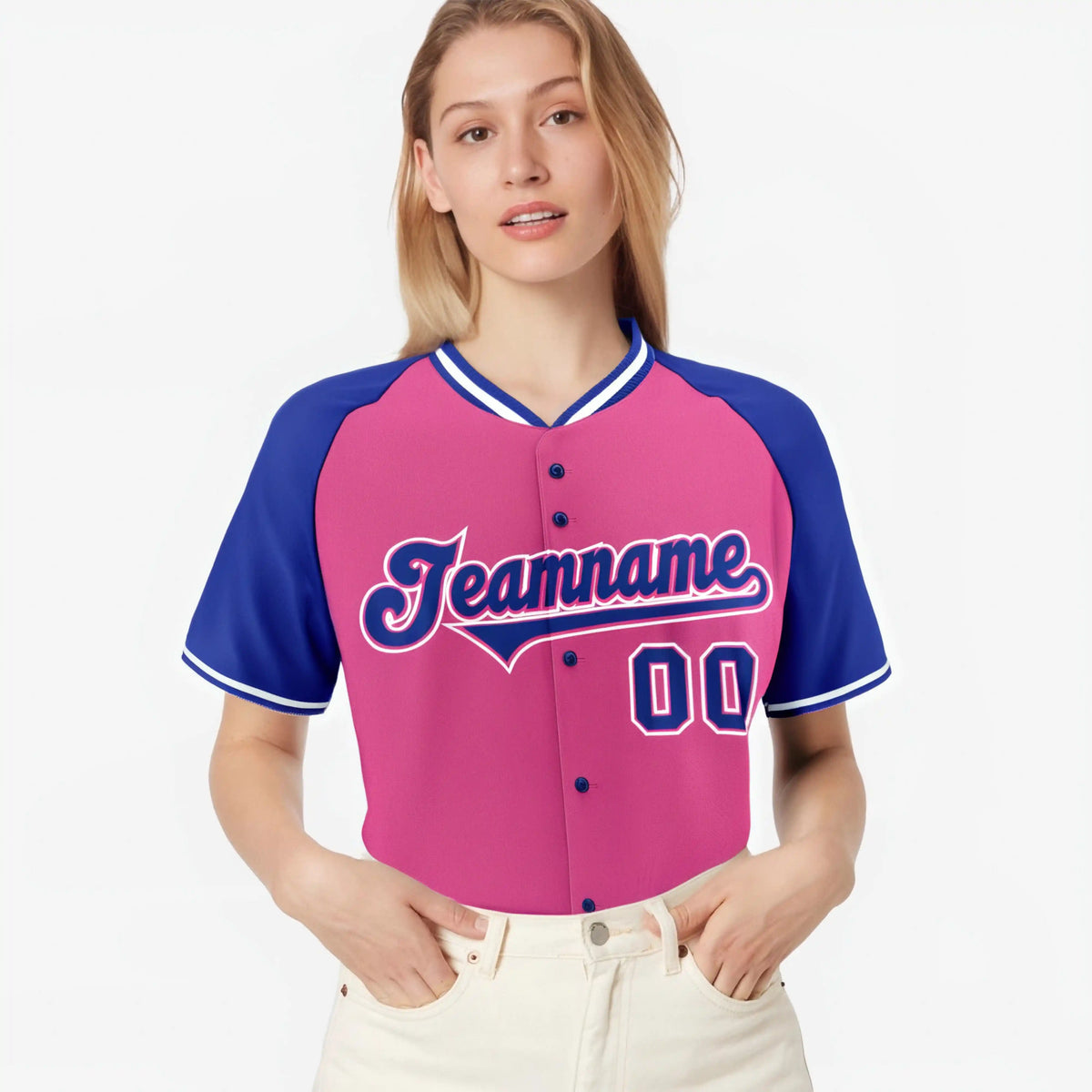 Custom Pink Purple White Authentic Colored Buttons Baseball Jersey
