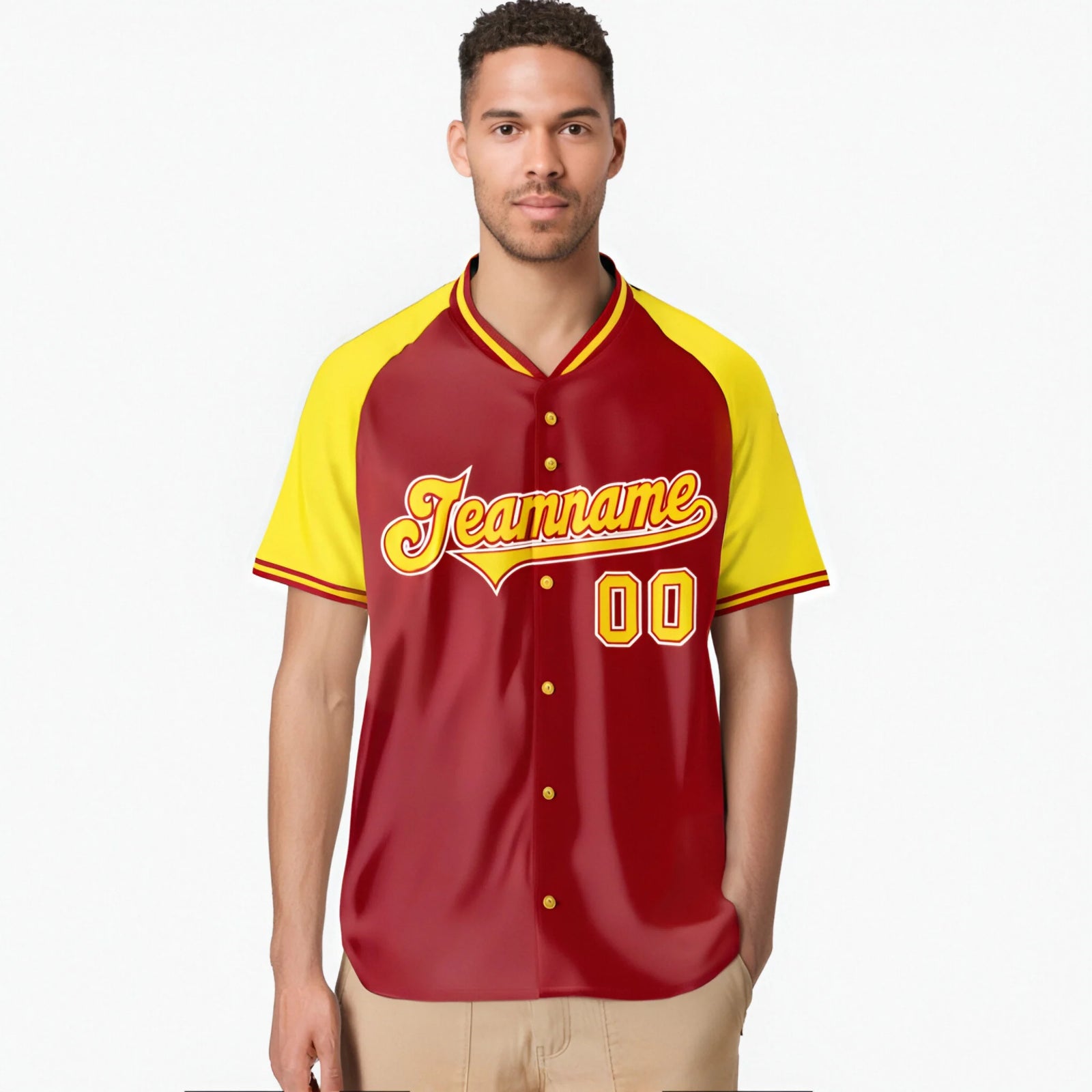 Custom Red Yellow White Authentic Colored Buttons Baseball Jersey