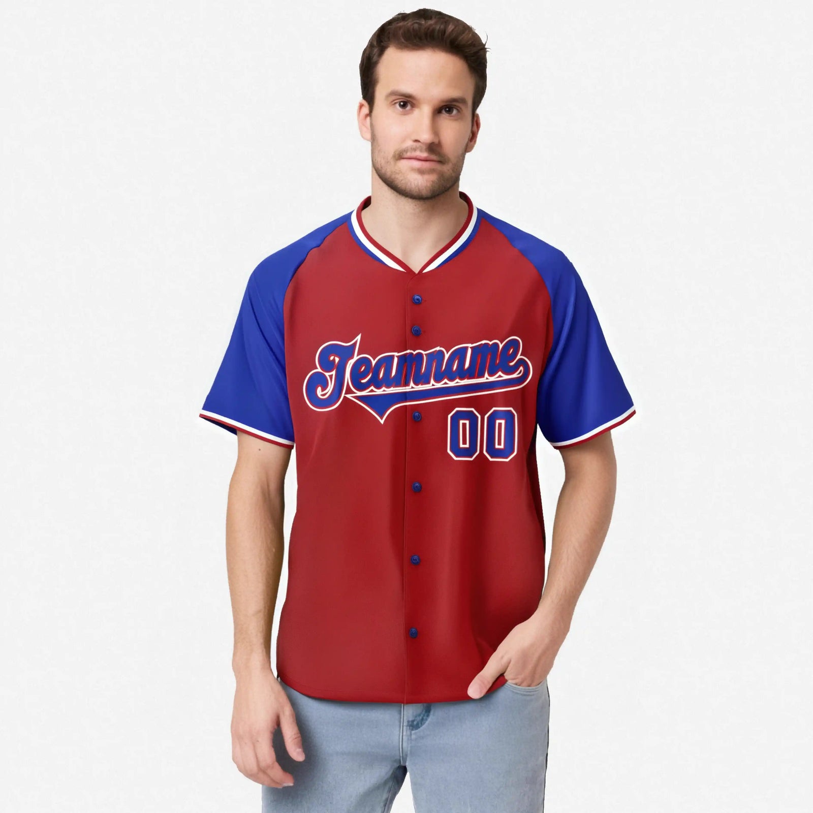 Custom Red Blue White Authentic Colored Buttons Baseball Jersey