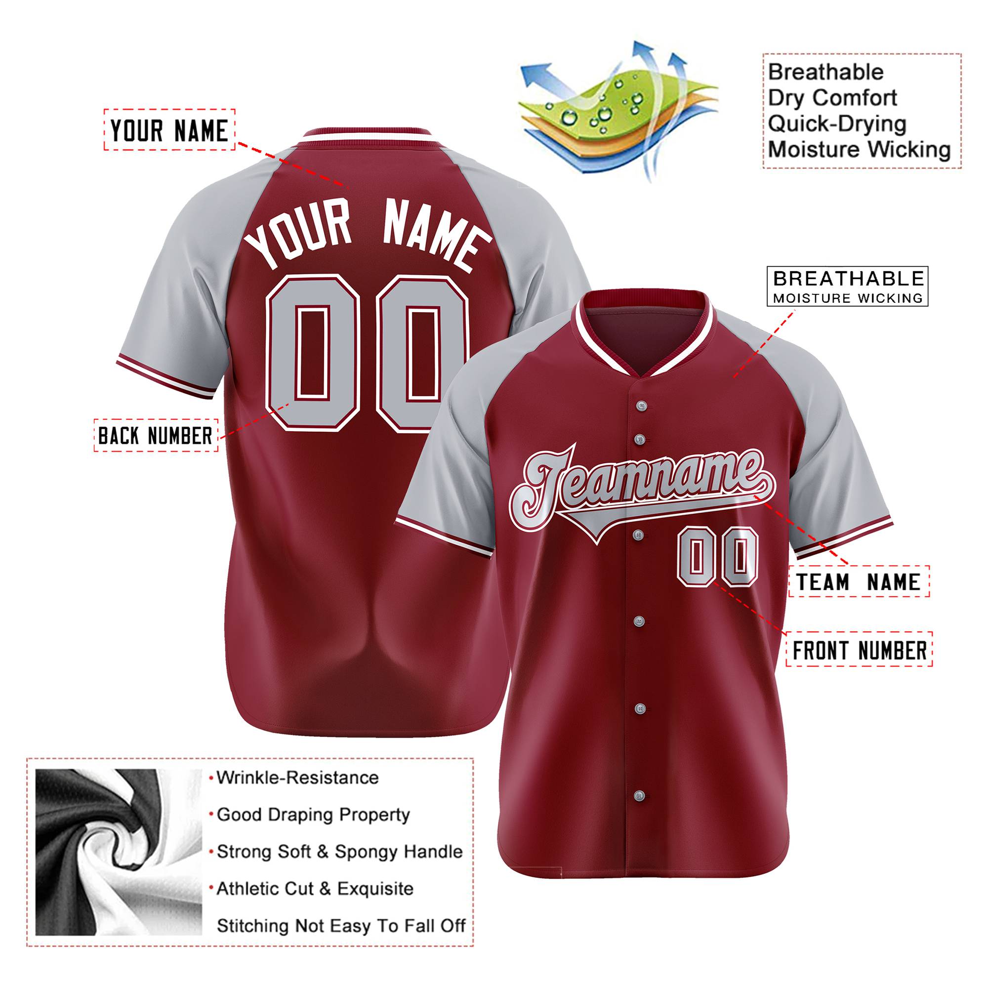 Custom Crimson Gray White Authentic Colored Buttons Baseball Jersey