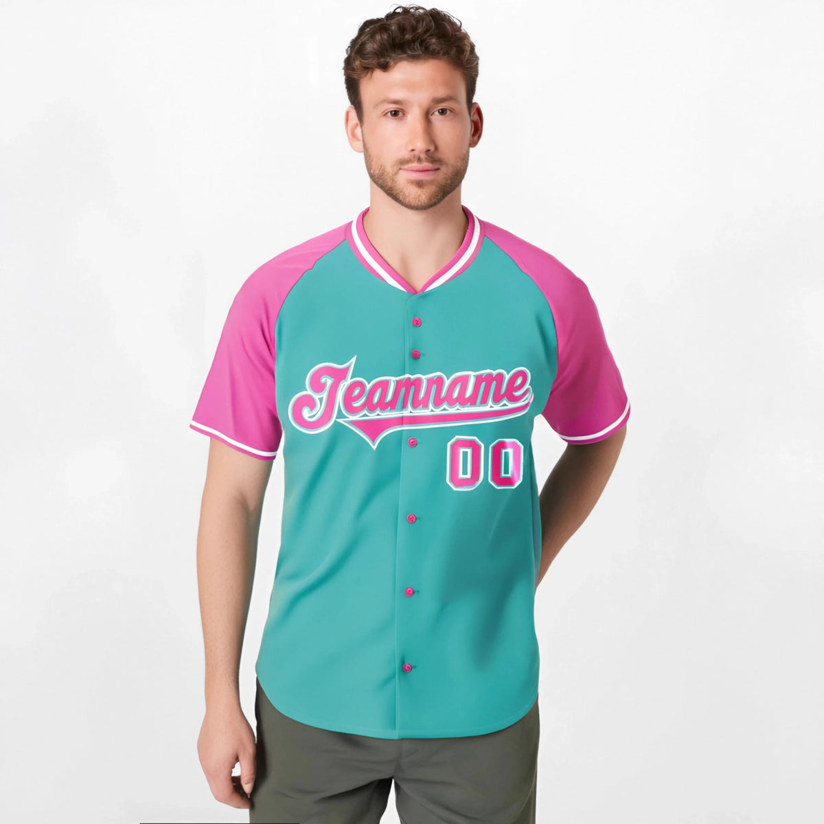 Custom Aqua Pink White Authentic Colored Buttons Baseball Jersey