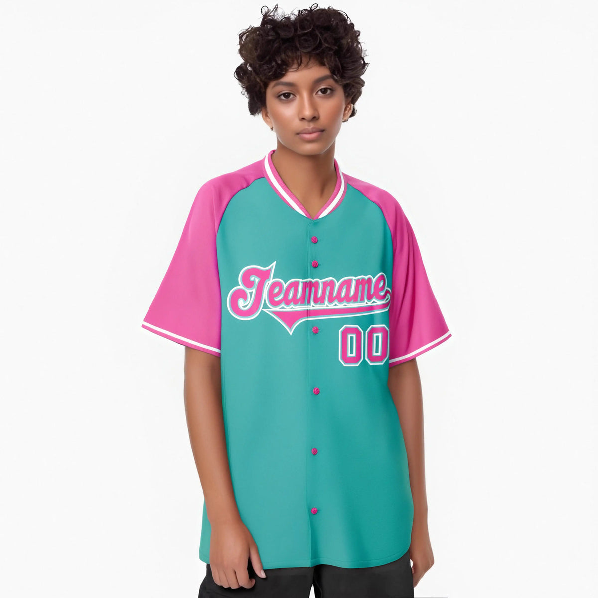 Custom Aqua Pink White Authentic Colored Buttons Baseball Jersey