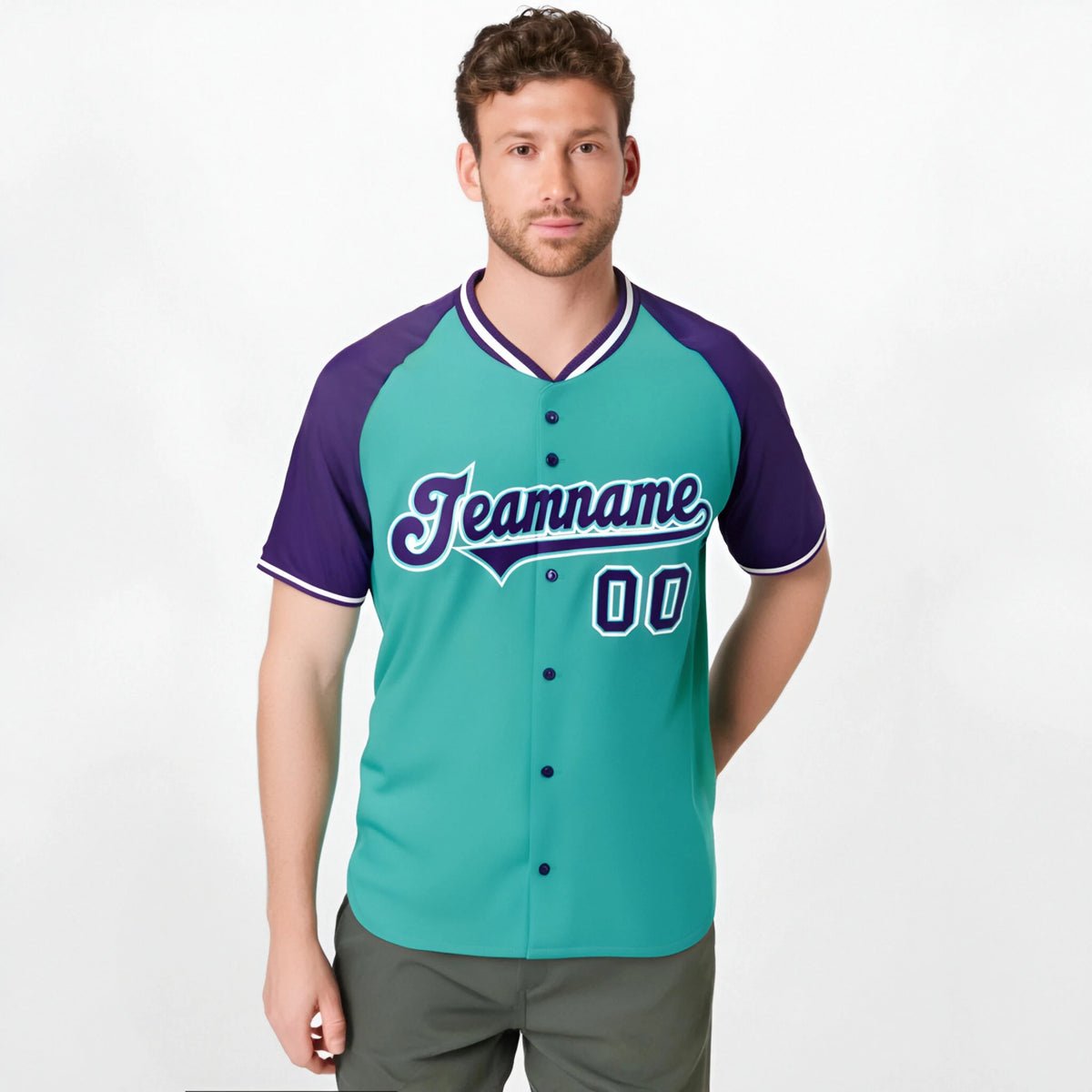 Custom Aqua Purple White Authentic Colored Buttons Baseball Jersey