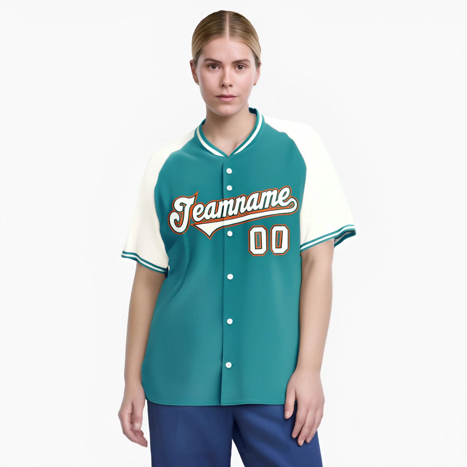 Custom Aqua White Orange Authentic Colored Buttons Baseball Jersey
