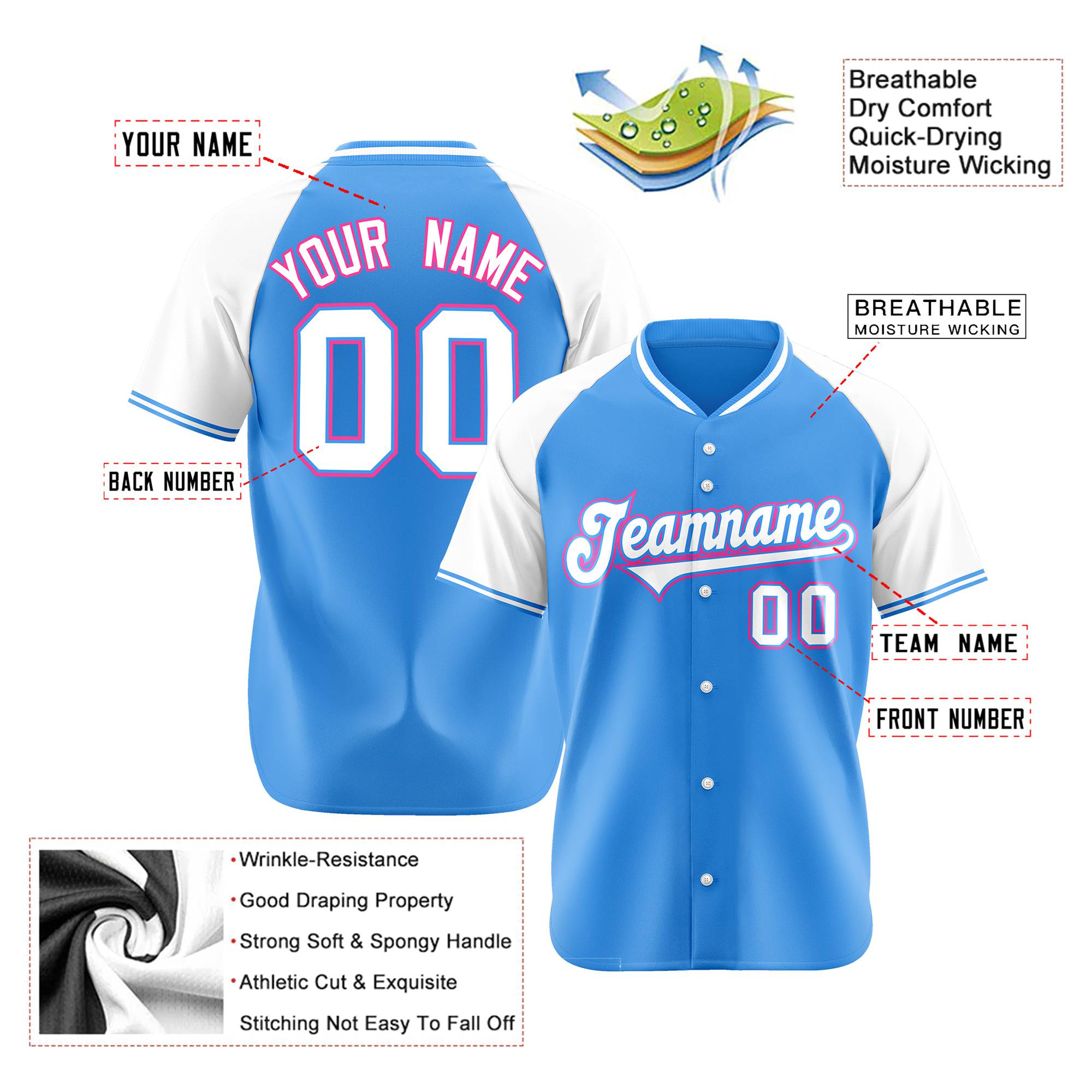 Custom Blue White Pink Authentic Colored Buttons Baseball Jersey