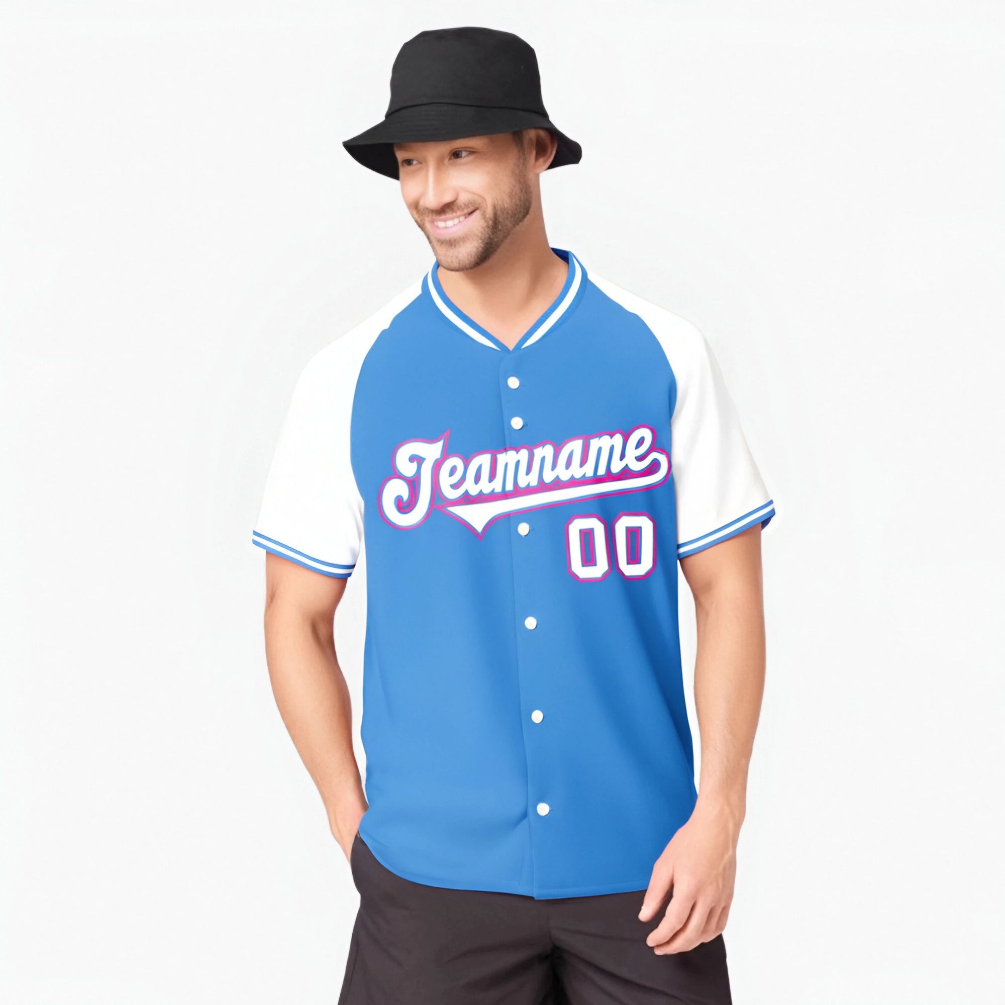 Custom Blue White Pink Authentic Colored Buttons Baseball Jersey