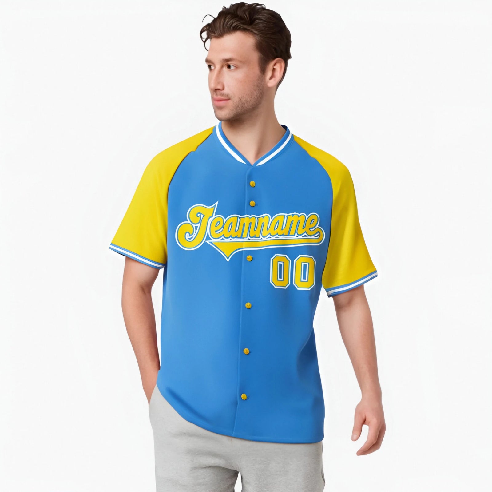 Custom Blue Yellow White Authentic Colored Buttons Baseball Jersey
