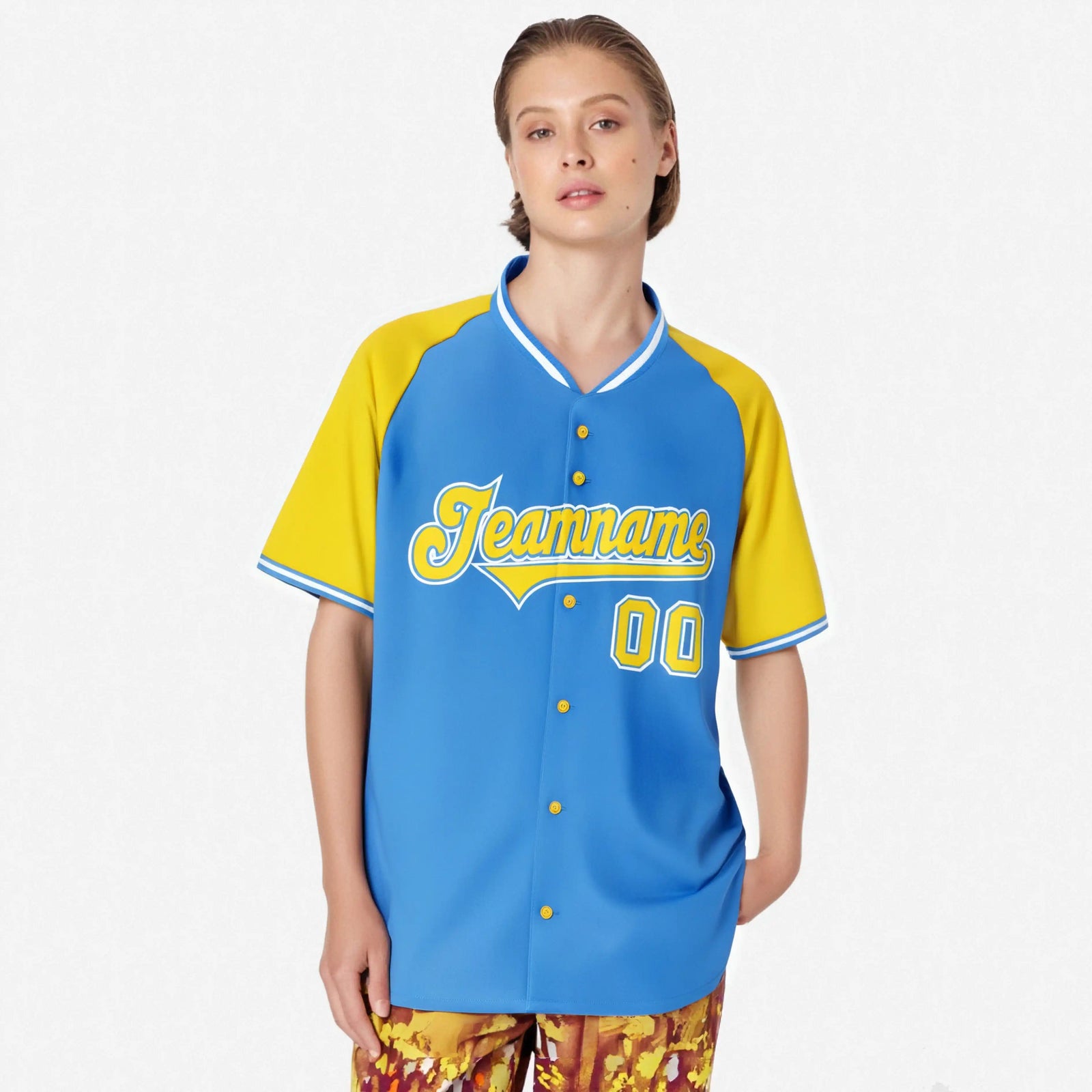 Custom Blue Yellow White Authentic Colored Buttons Baseball Jersey