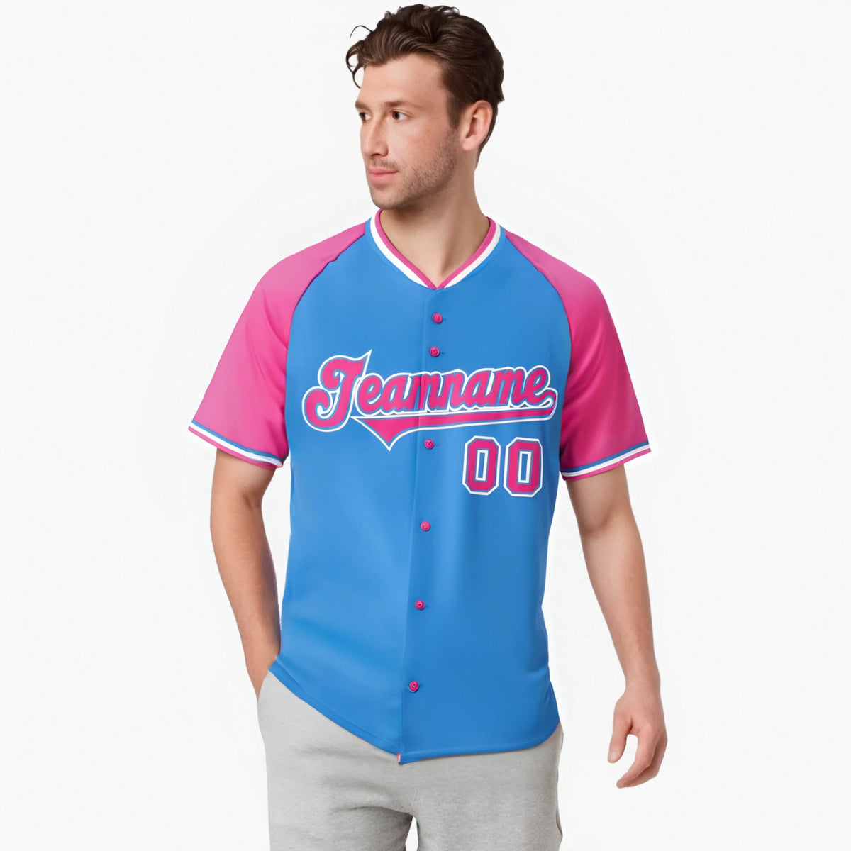 Custom Blue Pink White Authentic Colored Buttons Baseball Jersey