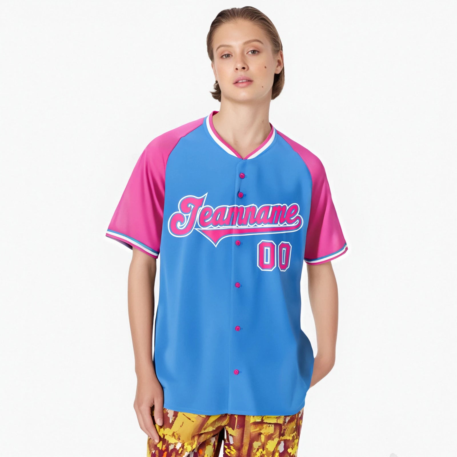 Custom Blue Pink White Authentic Colored Buttons Baseball Jersey