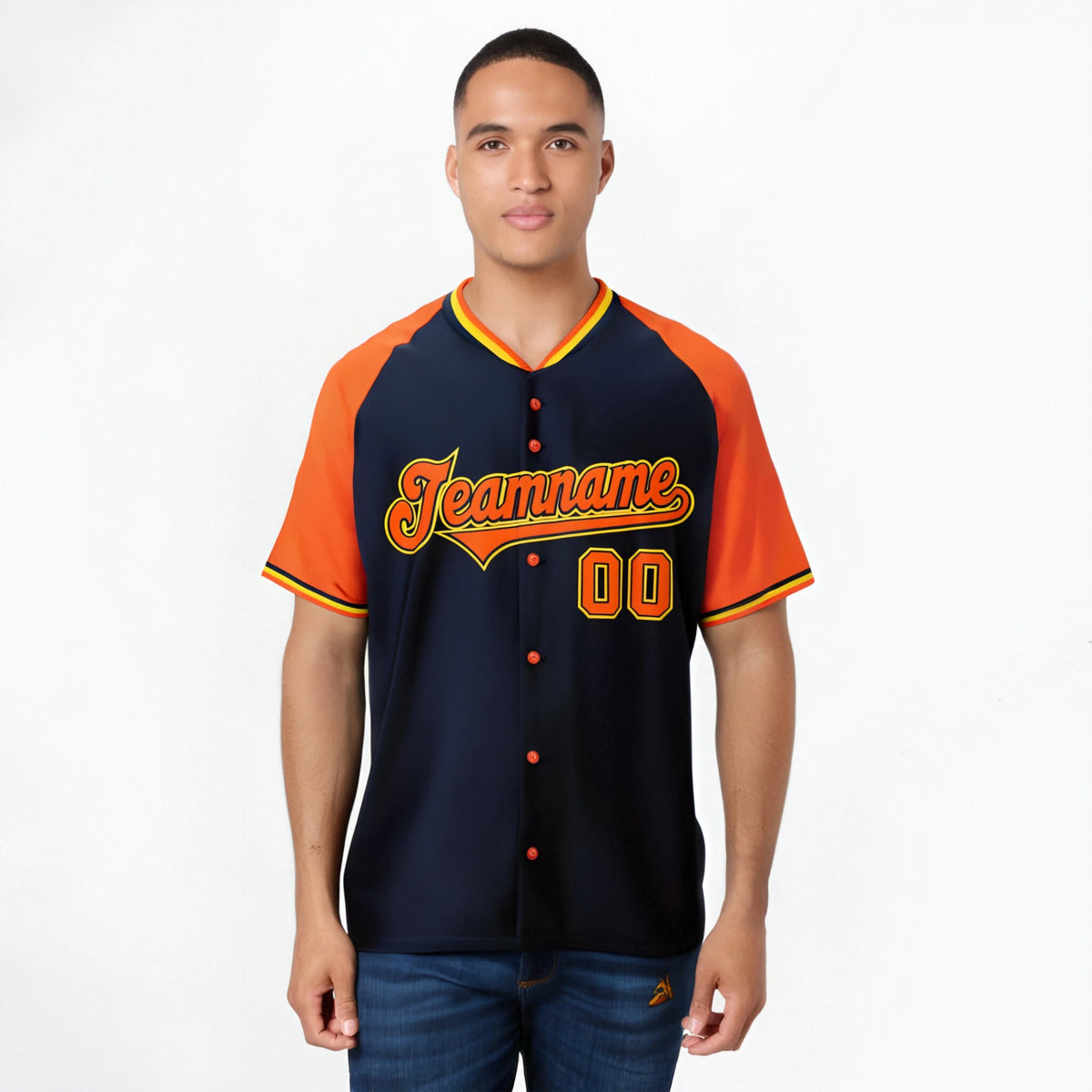 Custom Navy Orange Yellow Authentic Colored Buttons Baseball Jersey